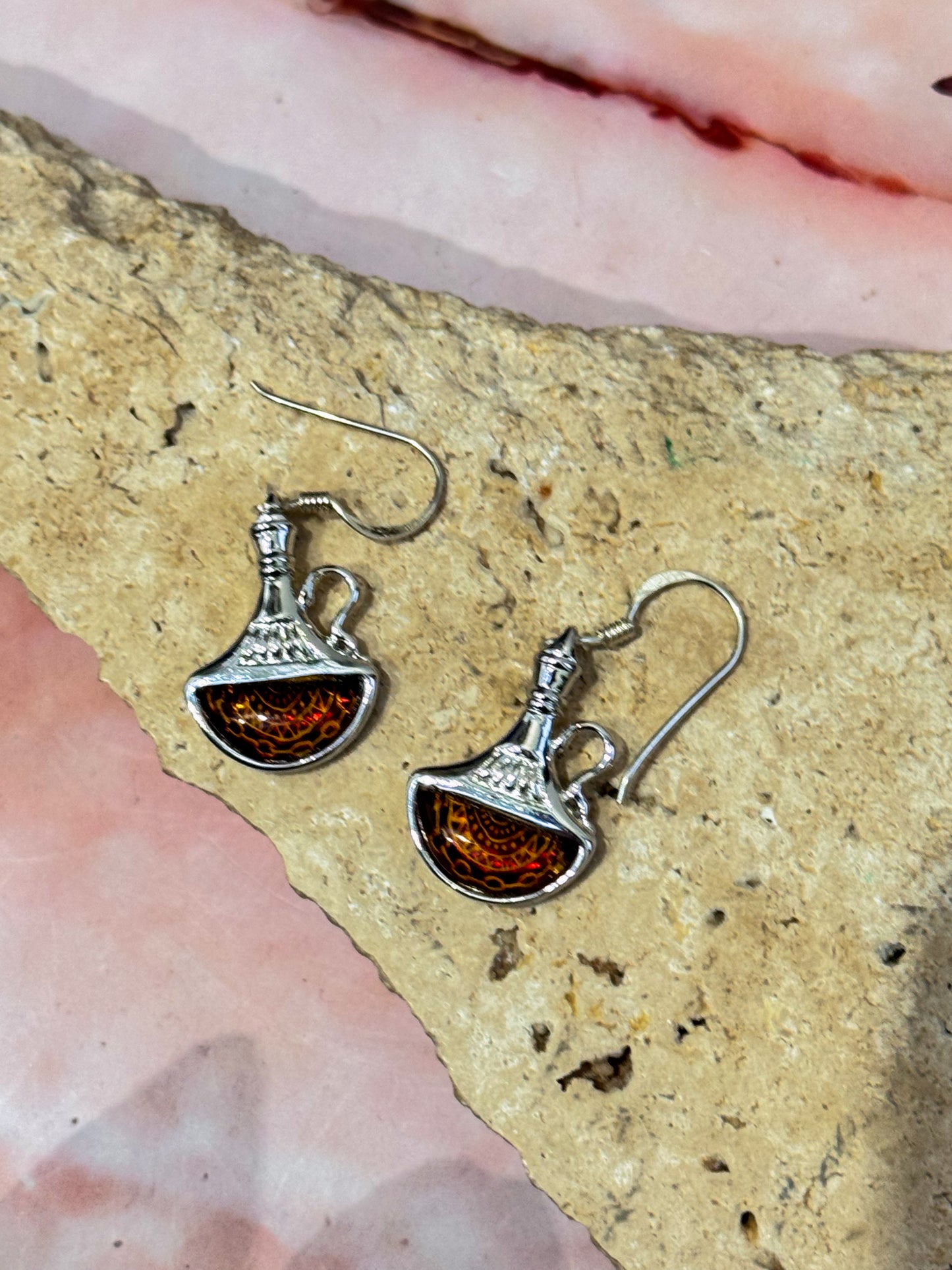 Lasered Genie Amber Earrings