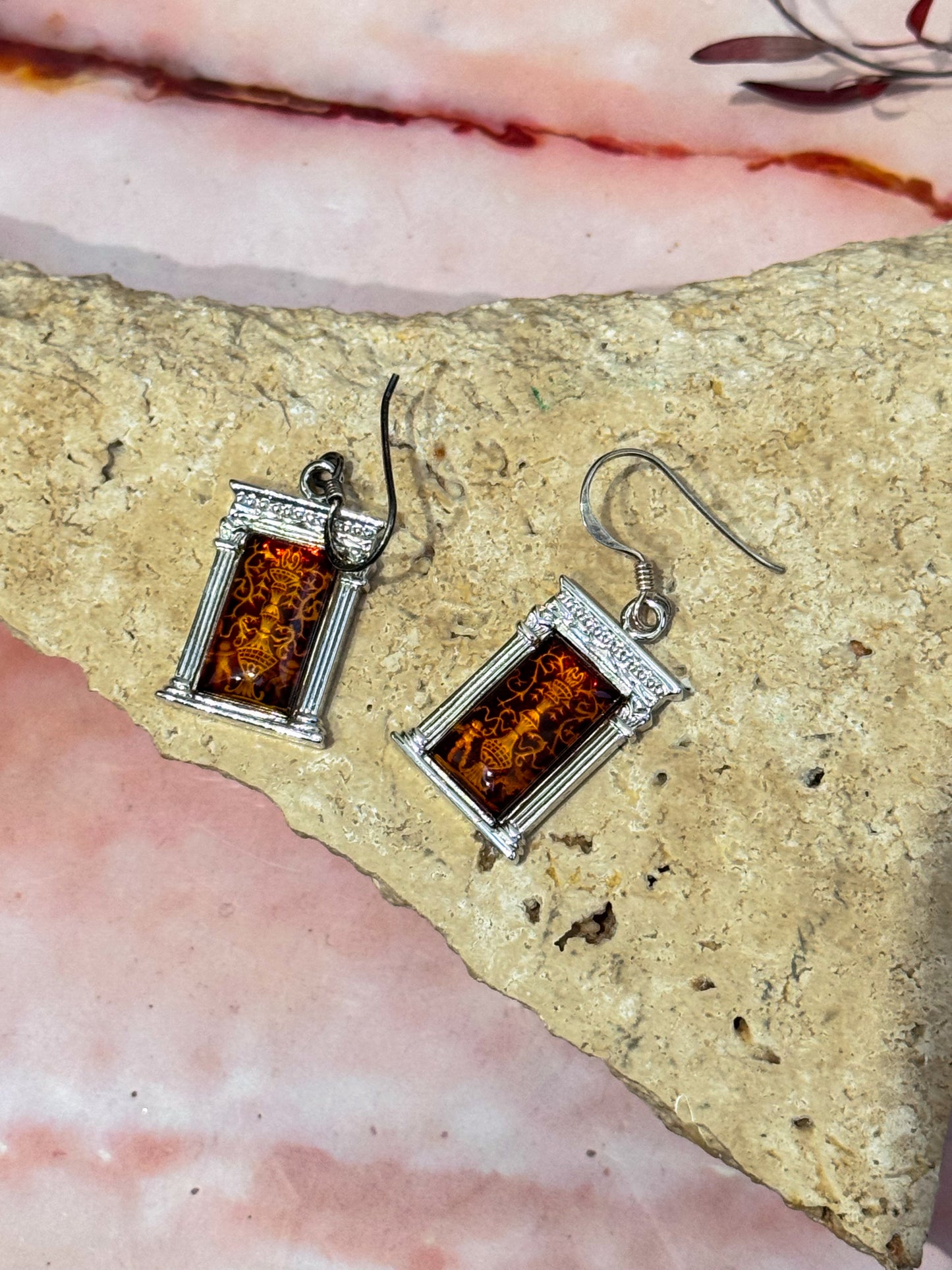 Lasered Column Amber Earrings