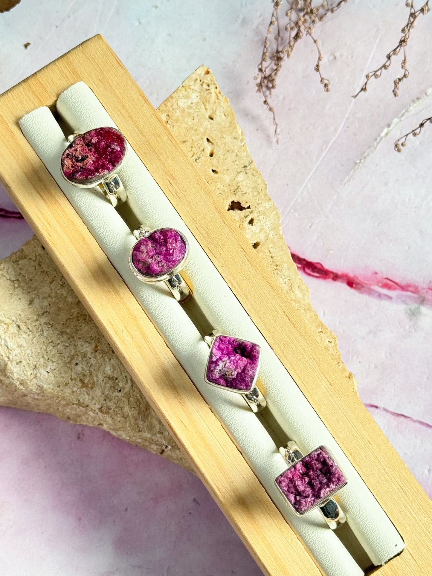 Pink Salrose / Cobaltion Calcite Rings