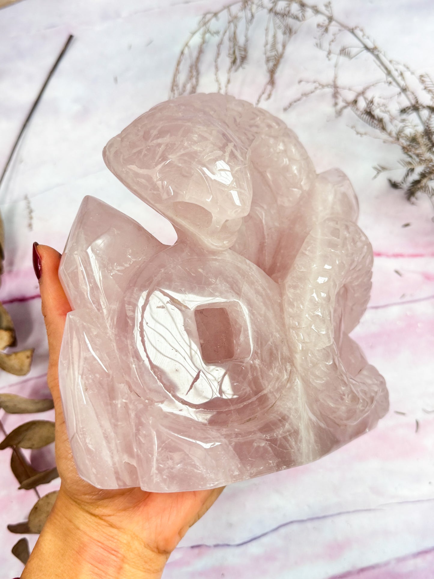Rose Quartz Snake Carving