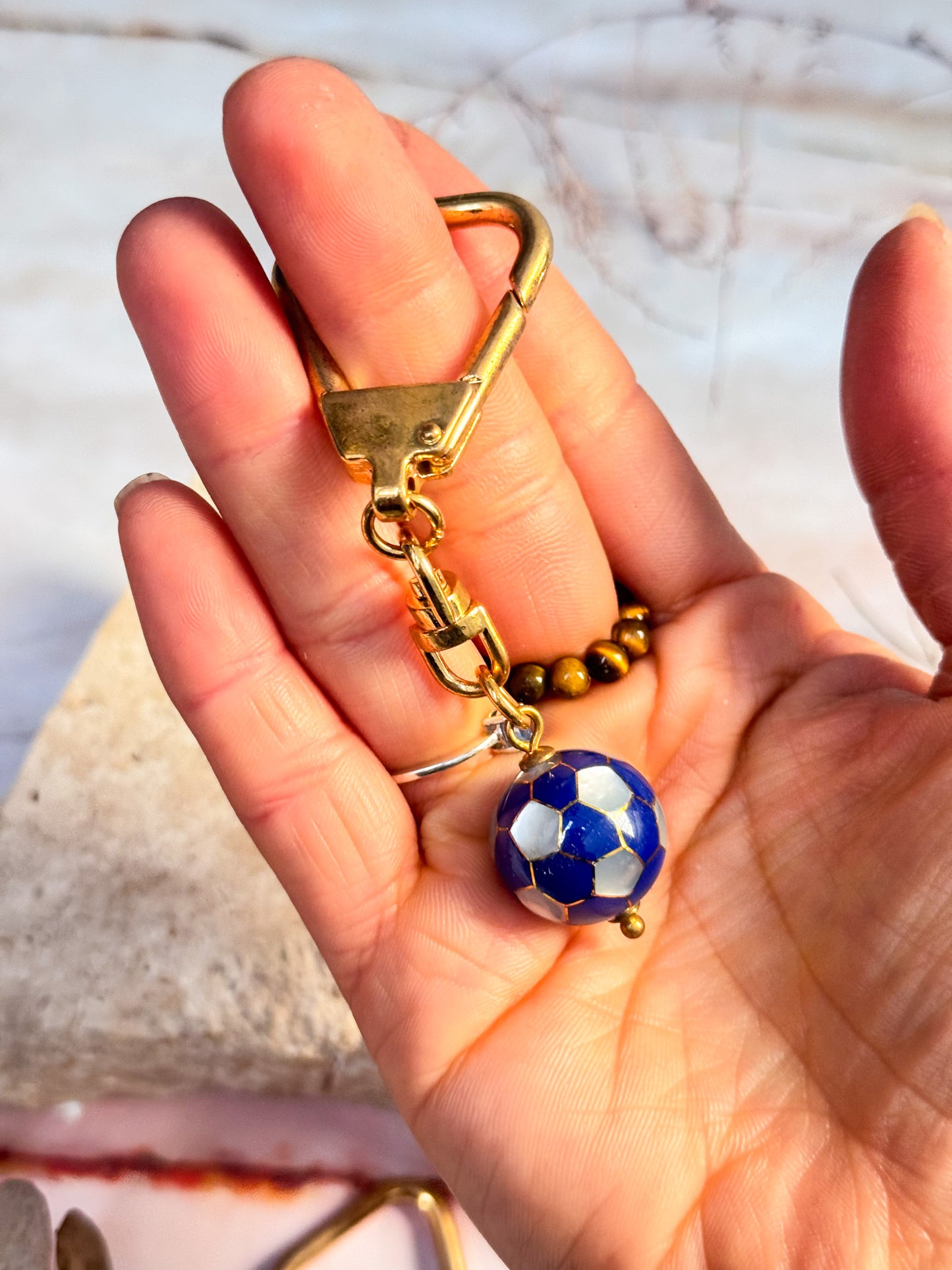 Lapis Lazuli and Mother of Pearl Soccer Keychains