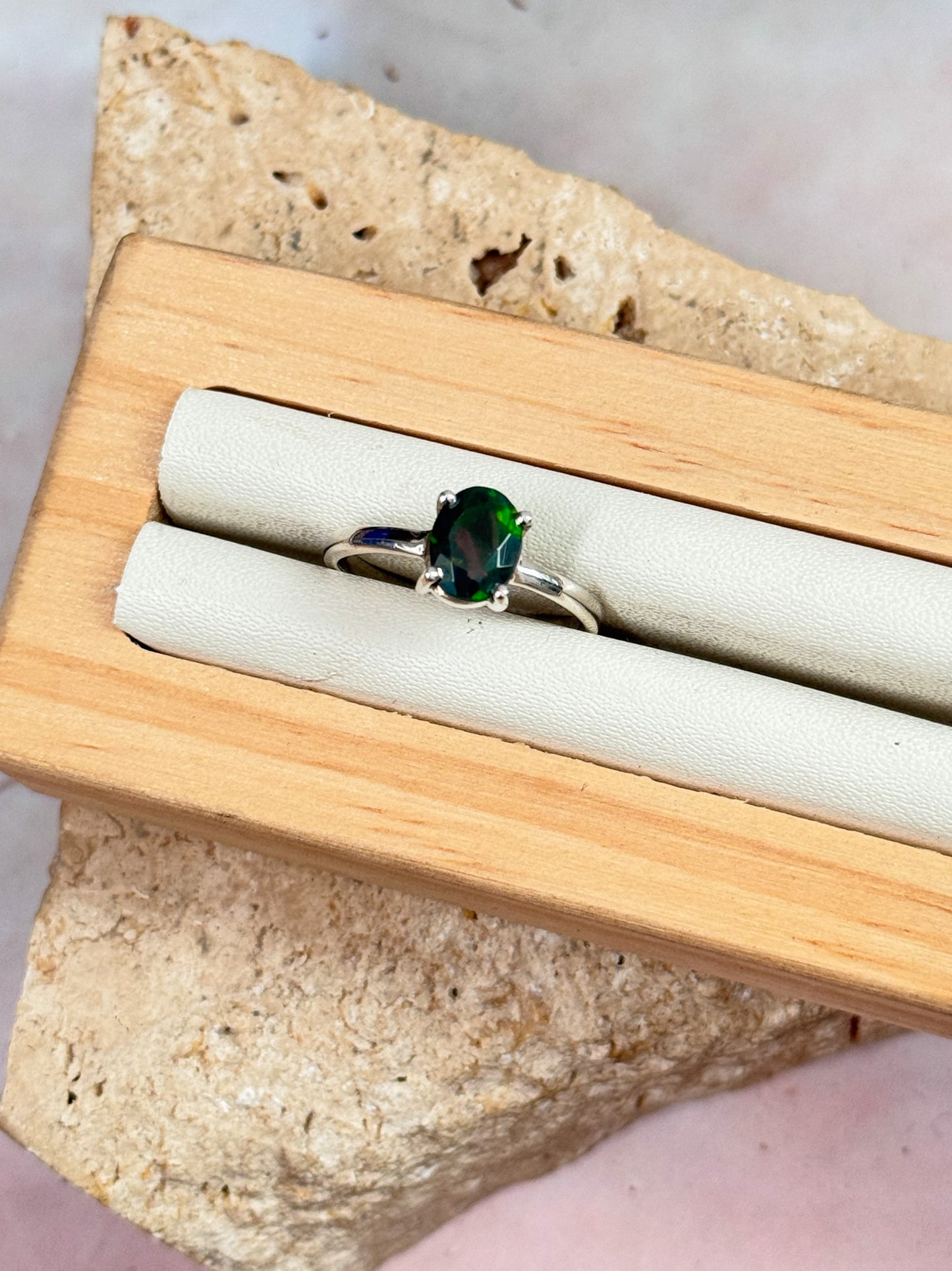 Faceted Black Ethiopian Opal Ring - Size 7