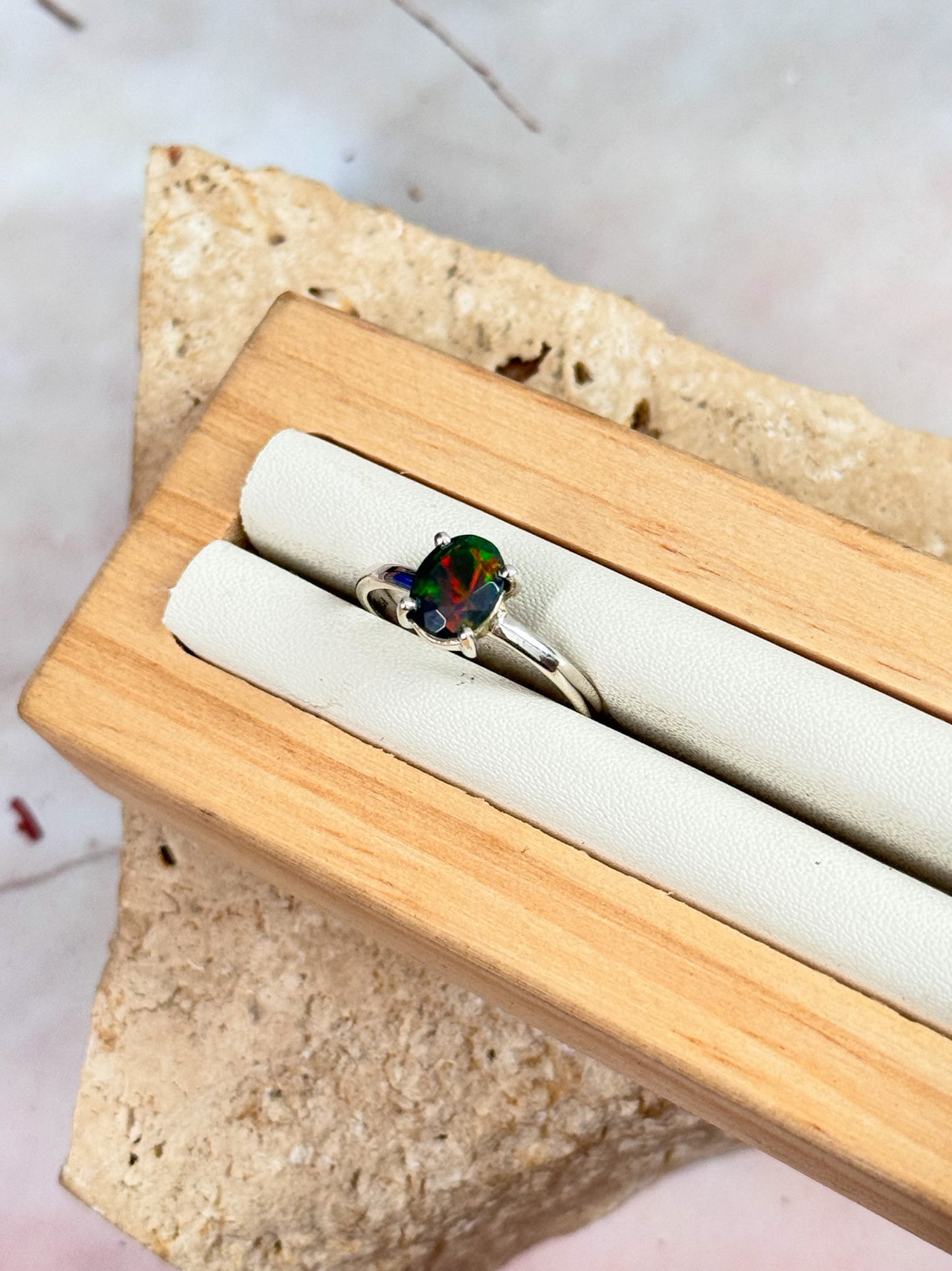 Faceted Black Ethiopian Opal Ring - Size 7