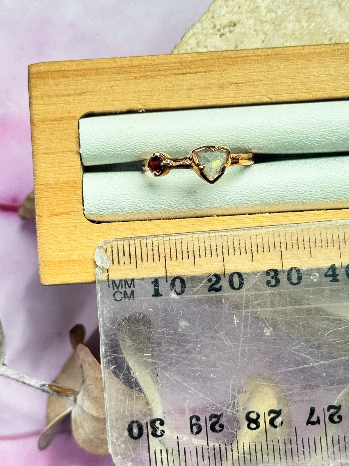 Labradorite with Garnet Rose Gold Ring - Size 7