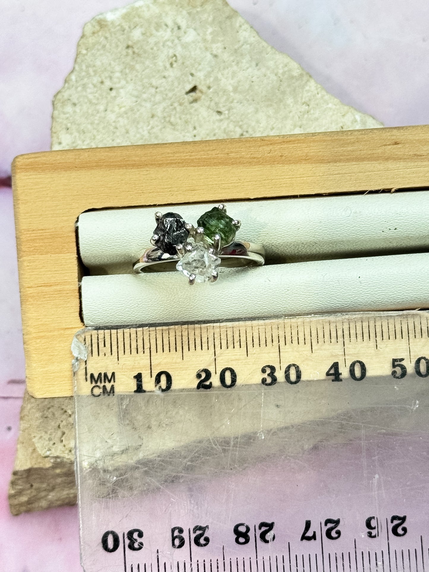 Moldavite, Herkimer Diamond, Campo Del Cielo Meteorite Ring - Size 8