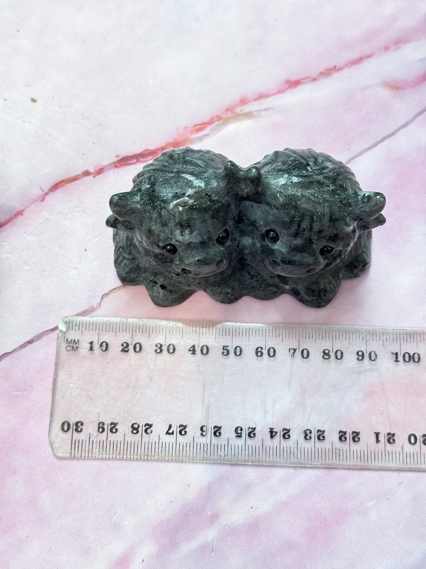 Larvikite Twin Highland Cow Carvings