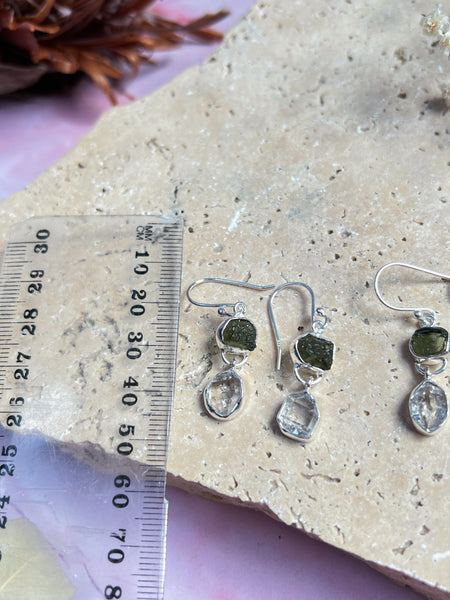 Moldavite and Herkimer Diamond Earrings