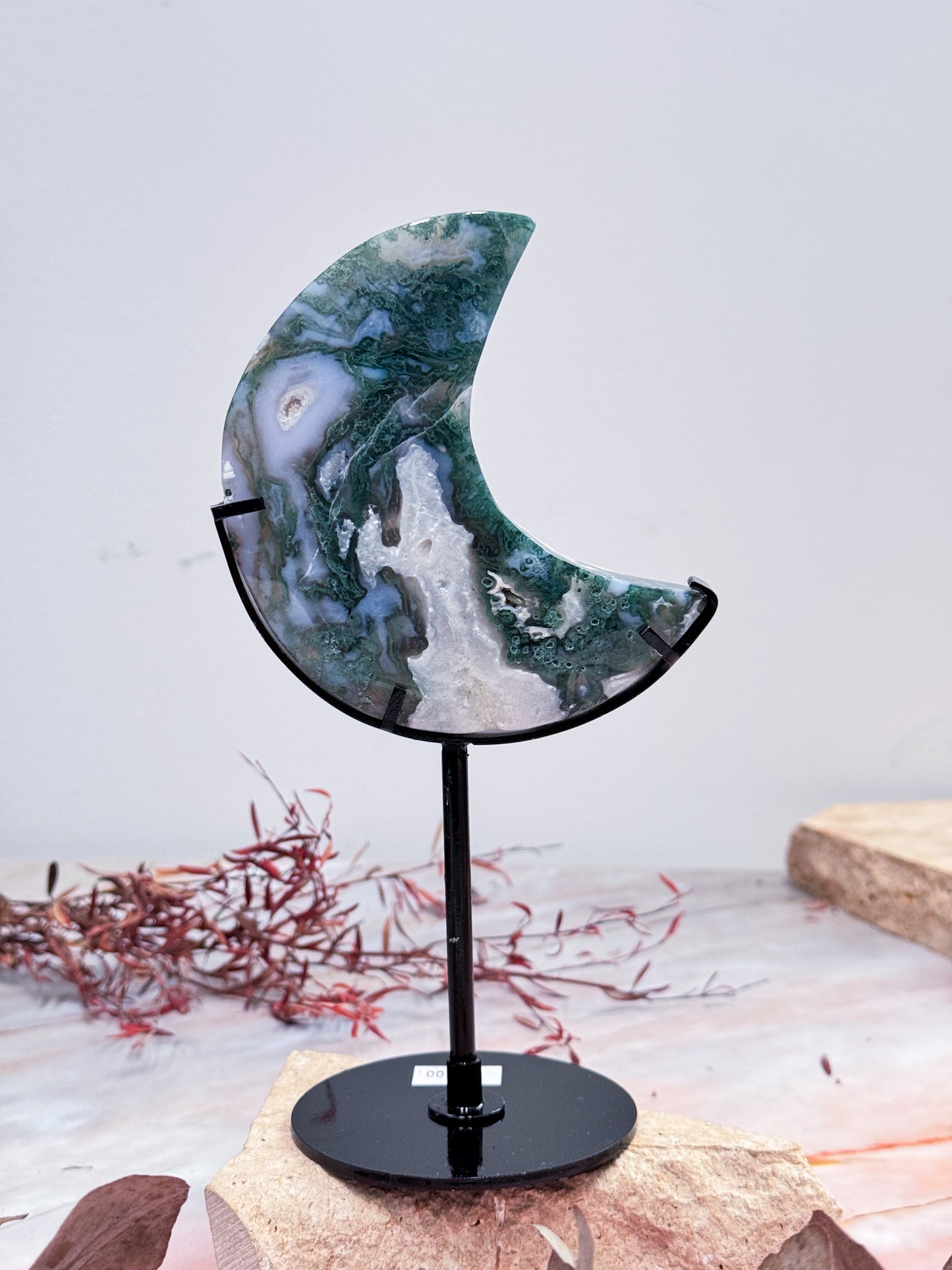 Moss Agate Moon on Stand