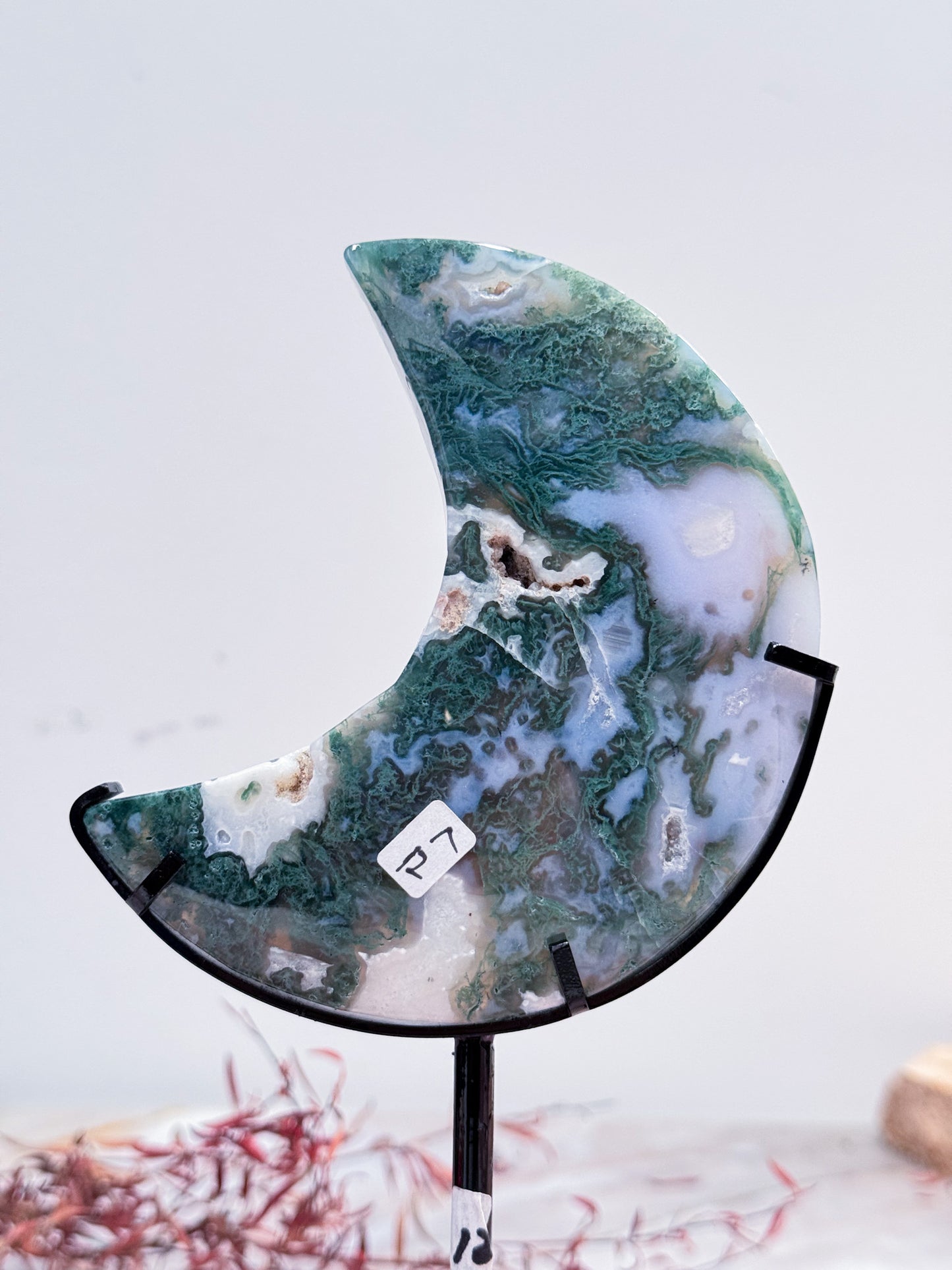 Moss Agate Moon on Stand