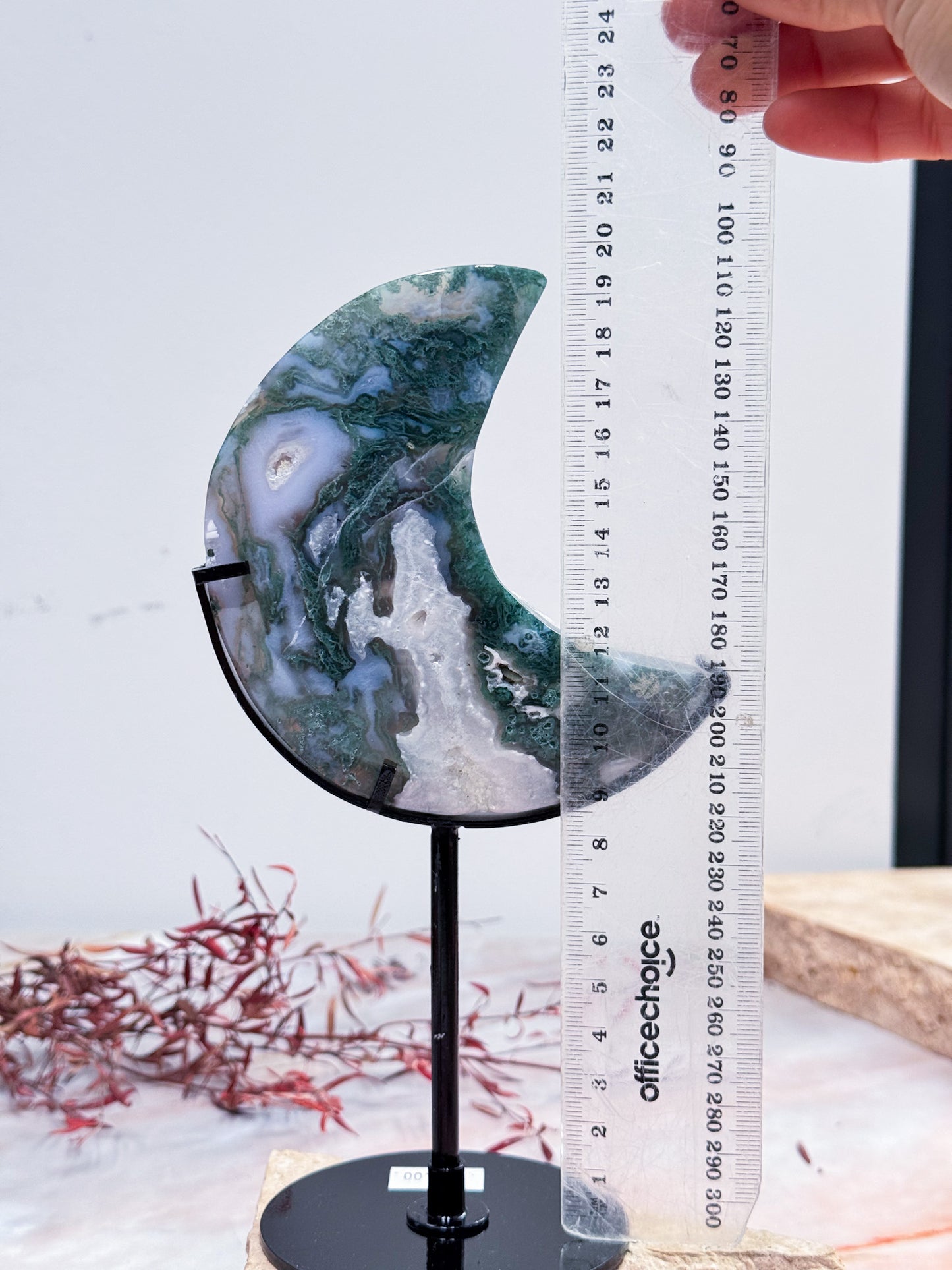Moss Agate Moon on Stand