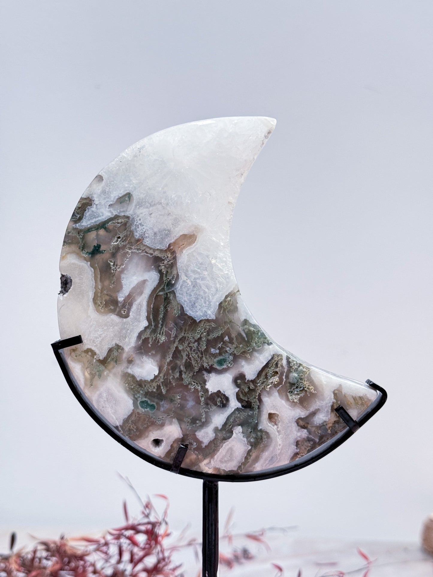 Moss Agate Moon on Stand