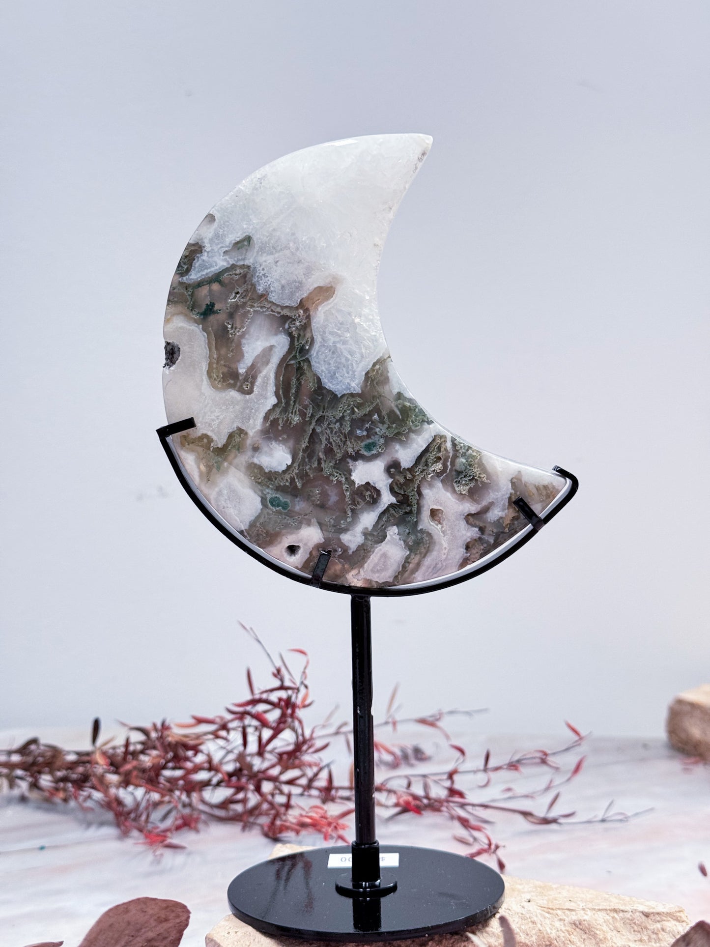 Moss Agate Moon on Stand