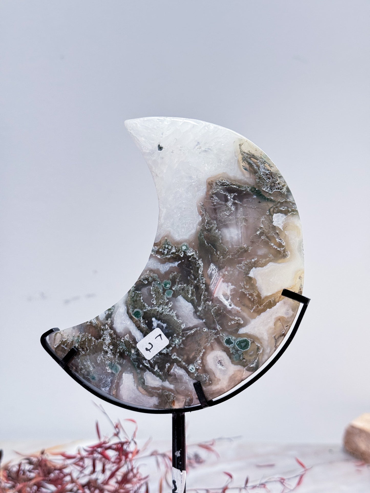 Moss Agate Moon on Stand