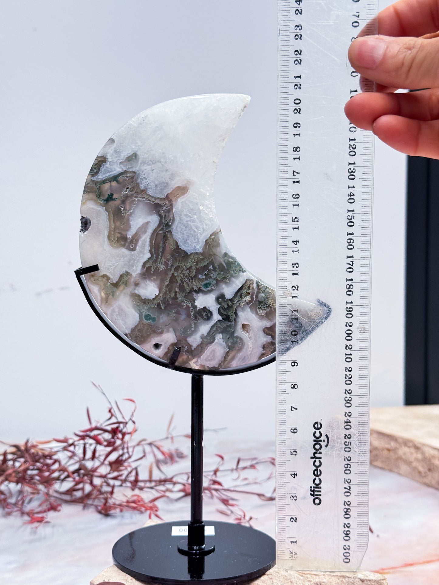 Moss Agate Moon on Stand