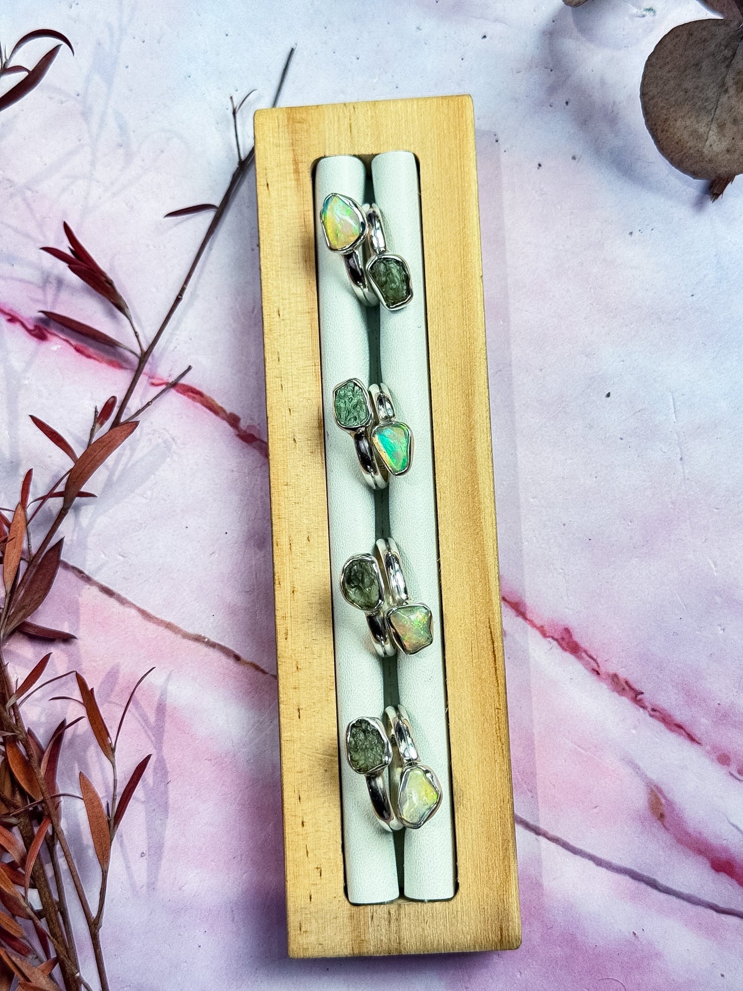 Ethiopian Opal and Moldavite Rings