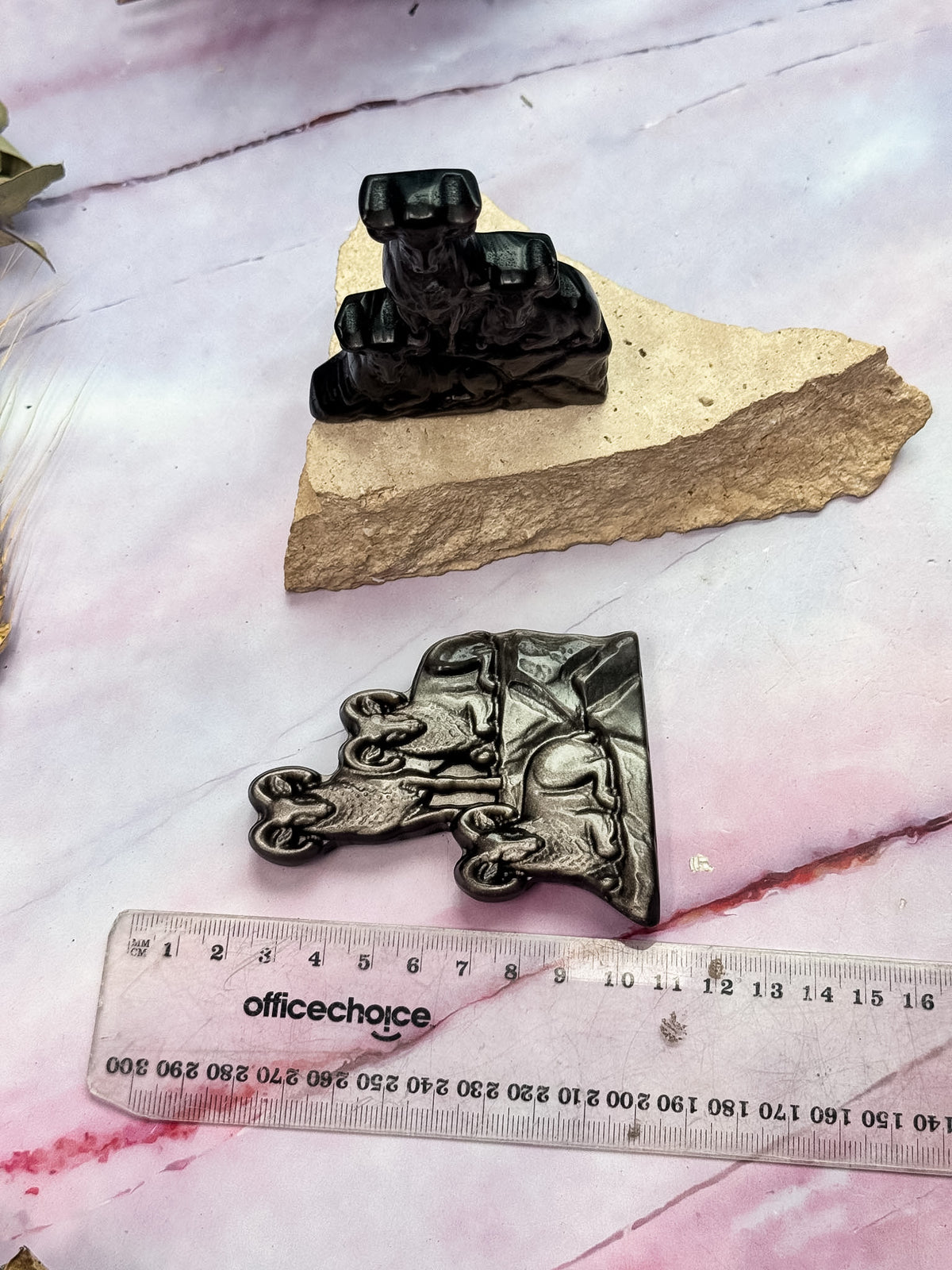 Silver Sheen Obsidian Animal Family Carvings