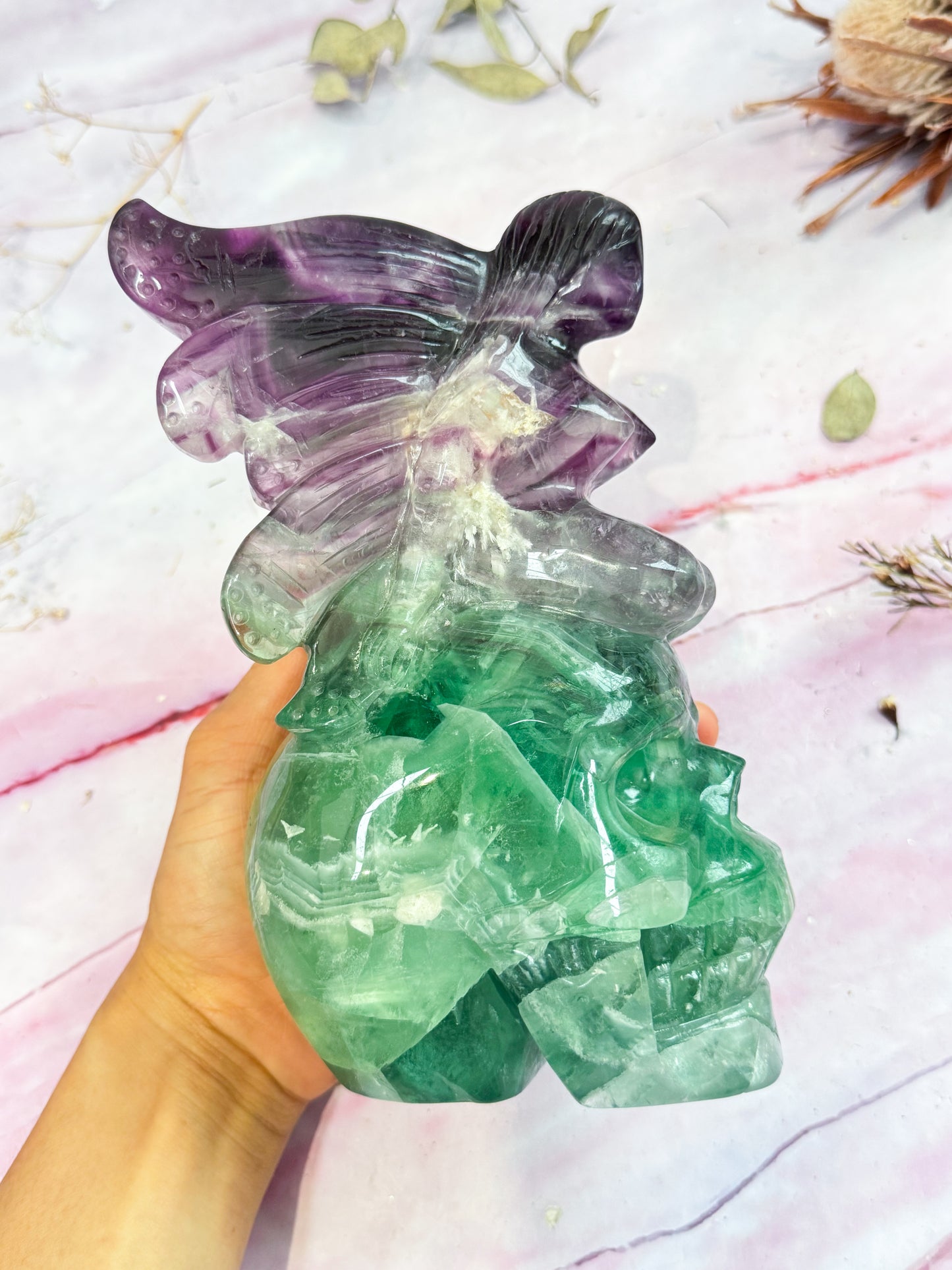 Fluorite Fairy on Skull Carving