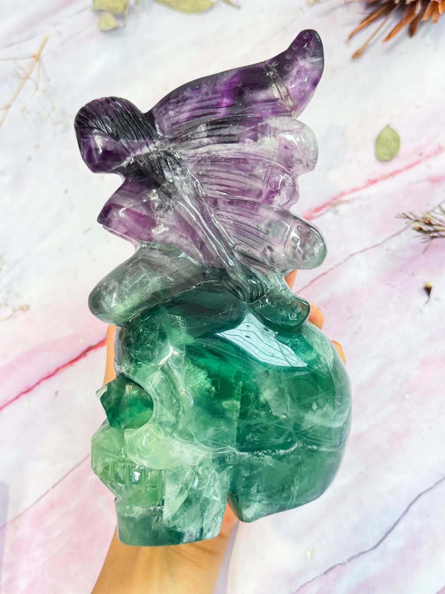 Fluorite Fairy on Skull Carving