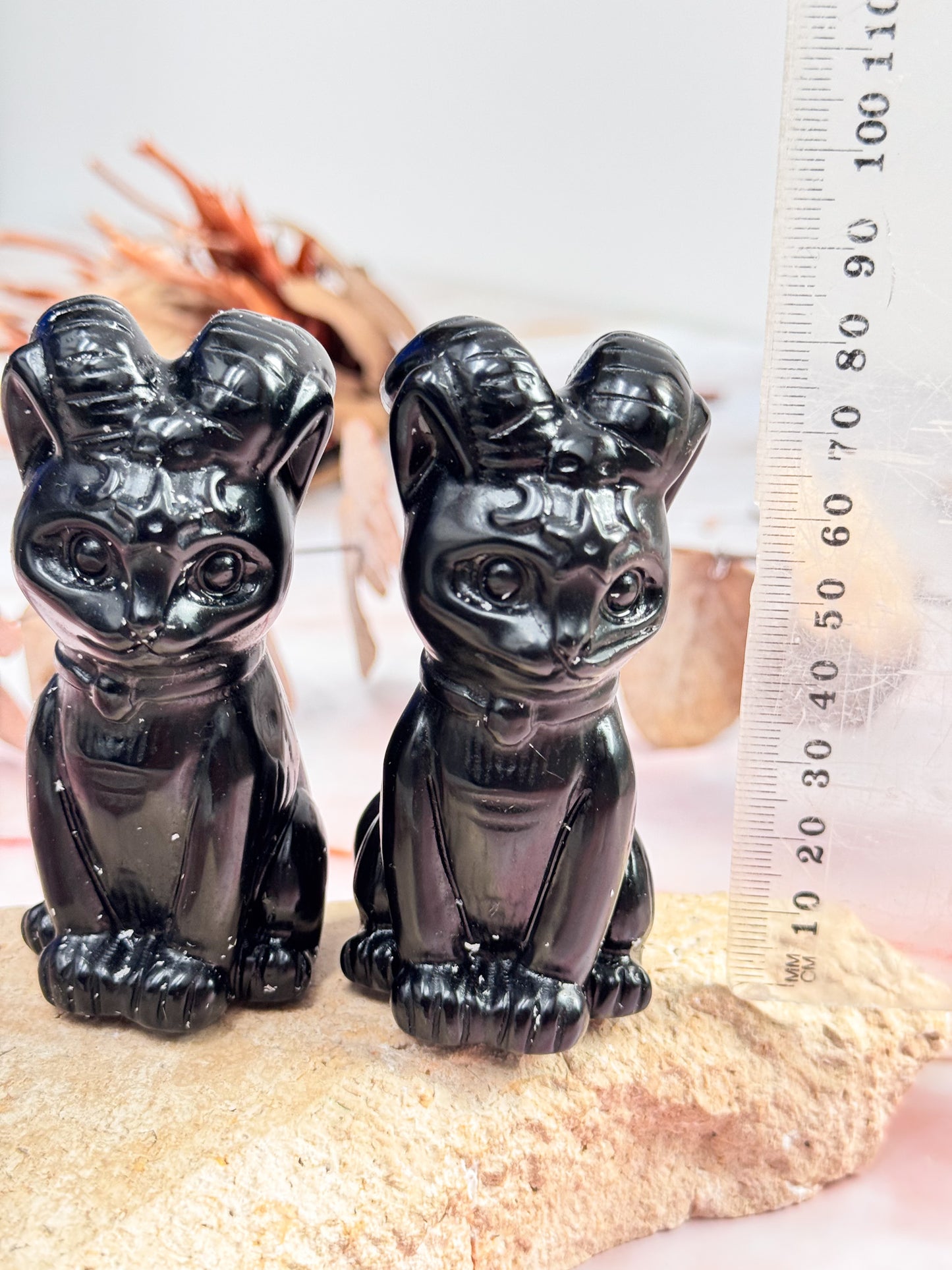 Obsidian Horned Cat Carvings