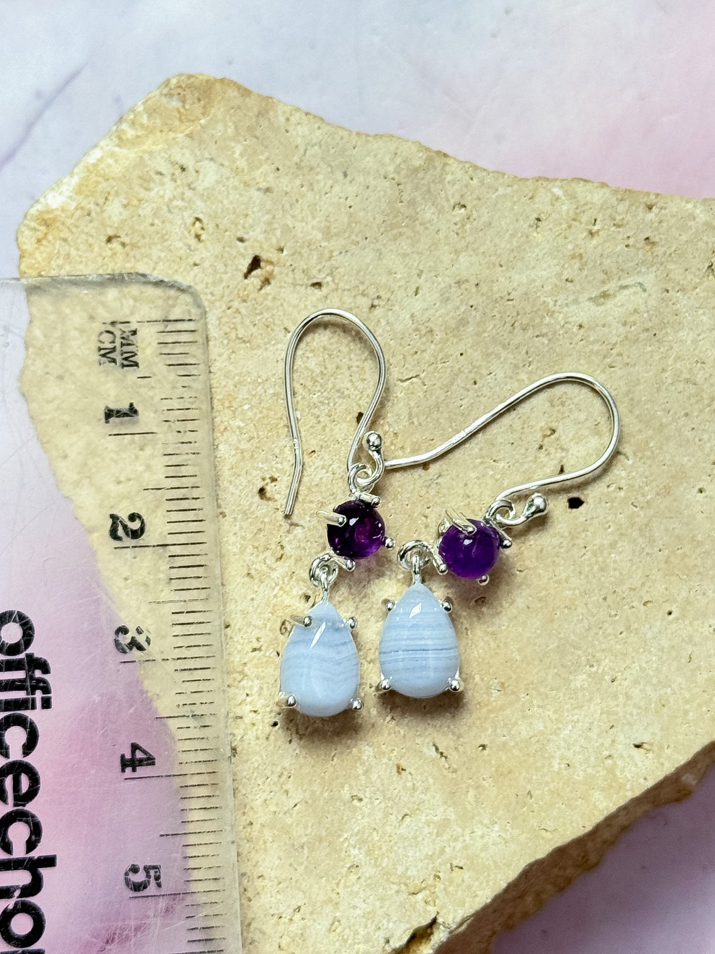 Blue Lace Agate and Amethyst Earrings