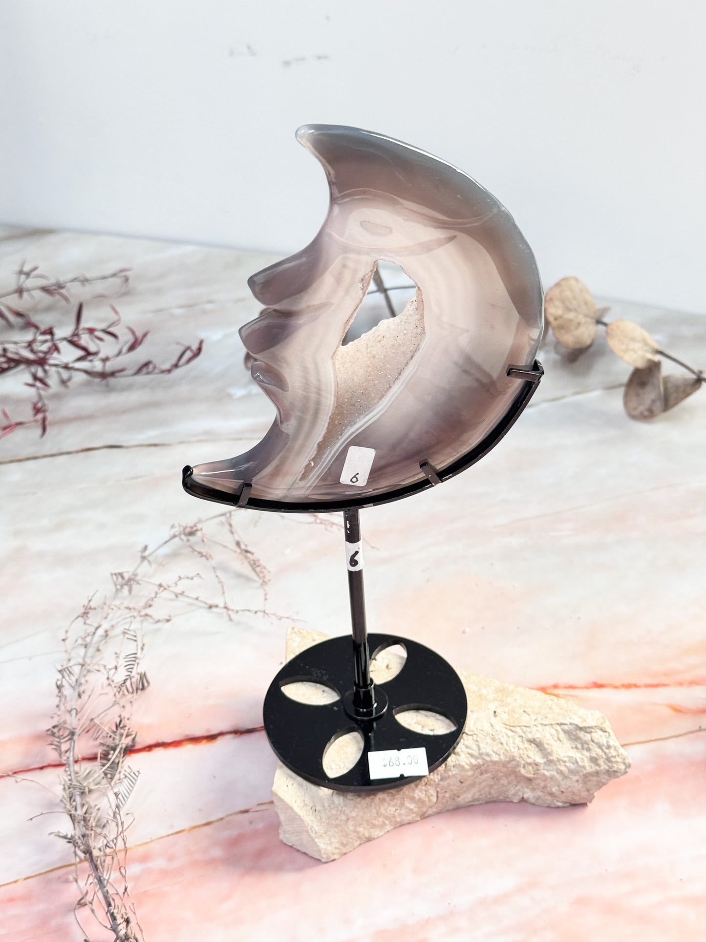 Agate and Quartz Moon Carving