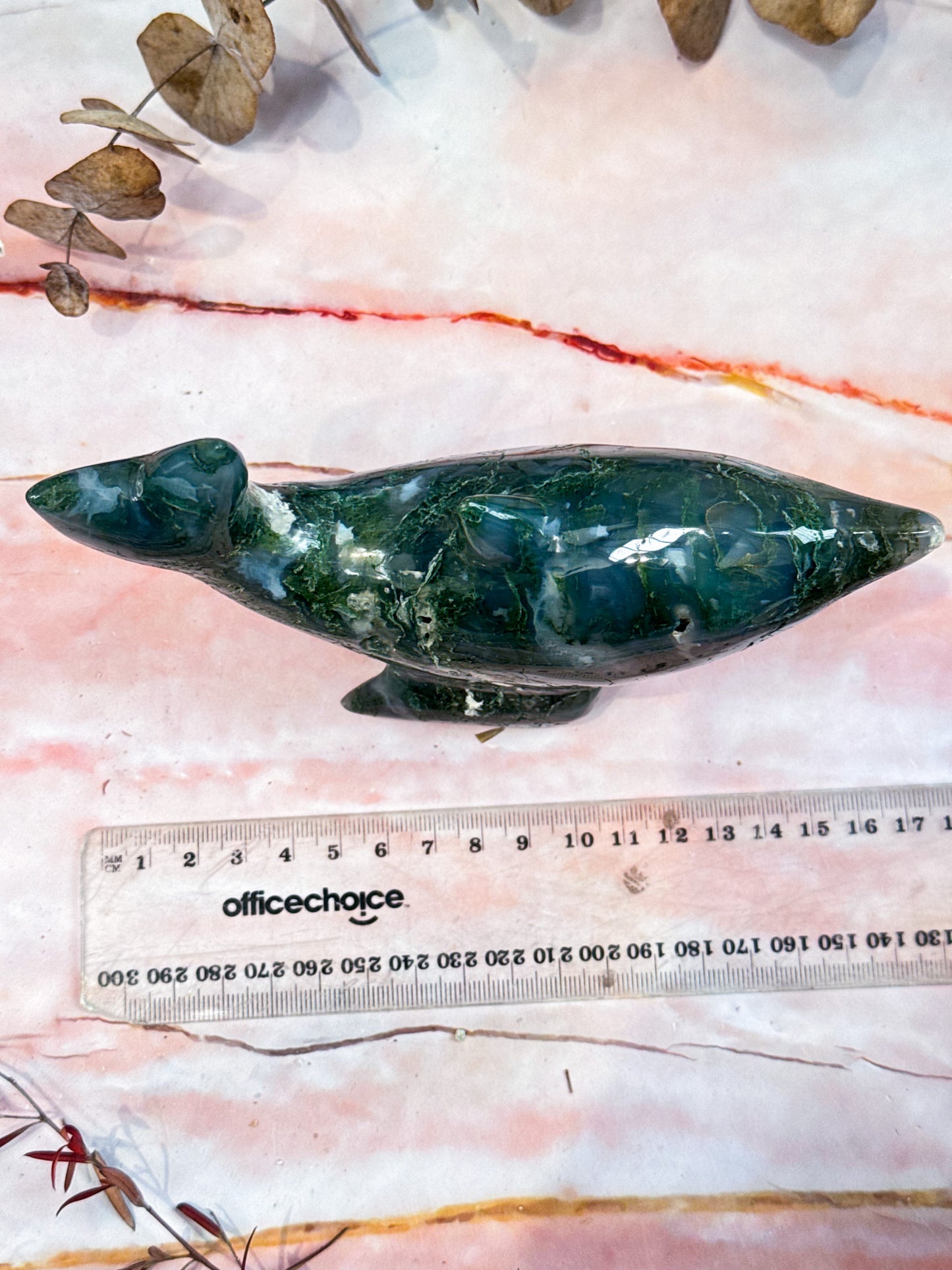 Moss Agate Dolphin Carving