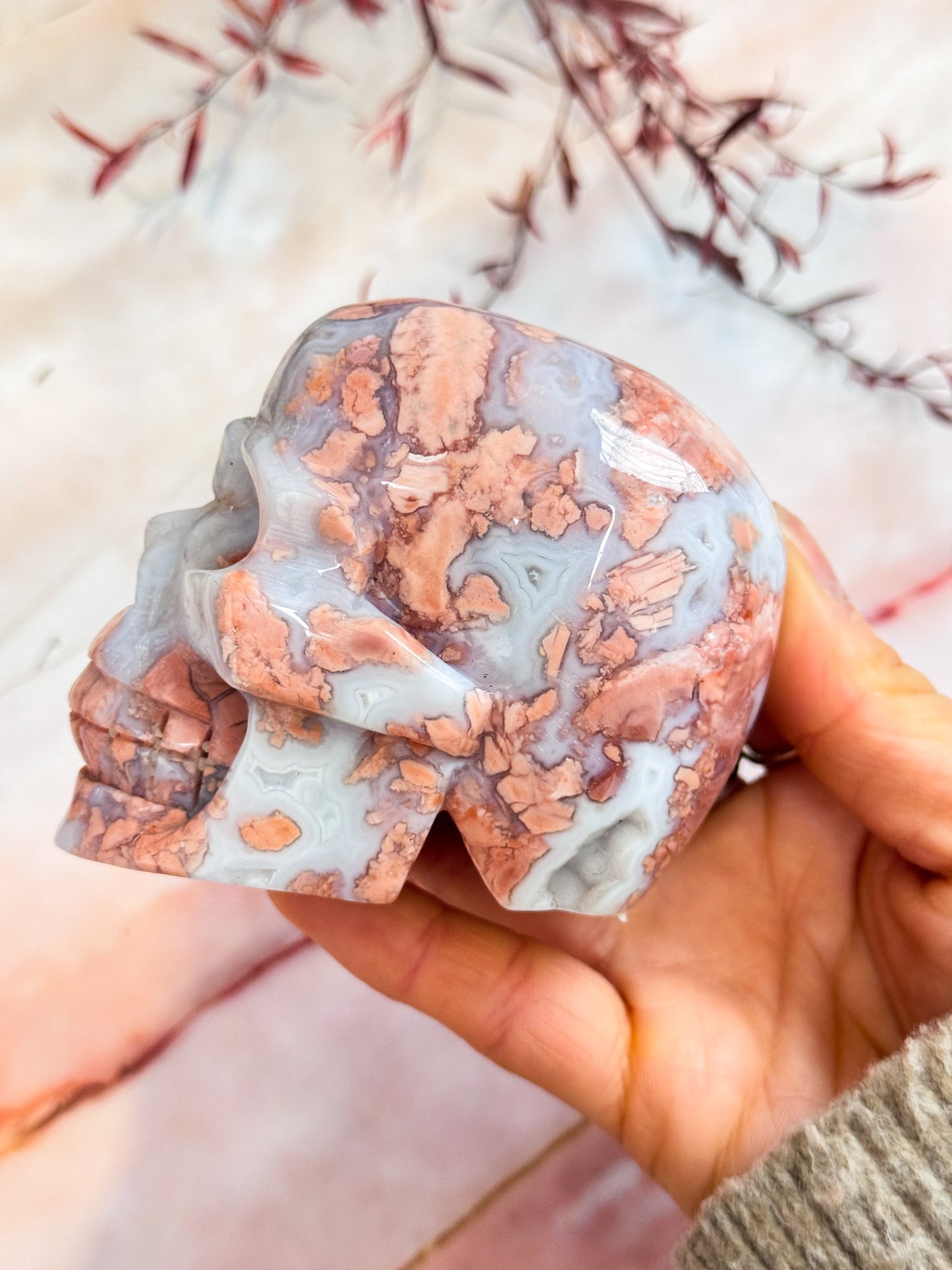 Pink Petal Agate Skull
