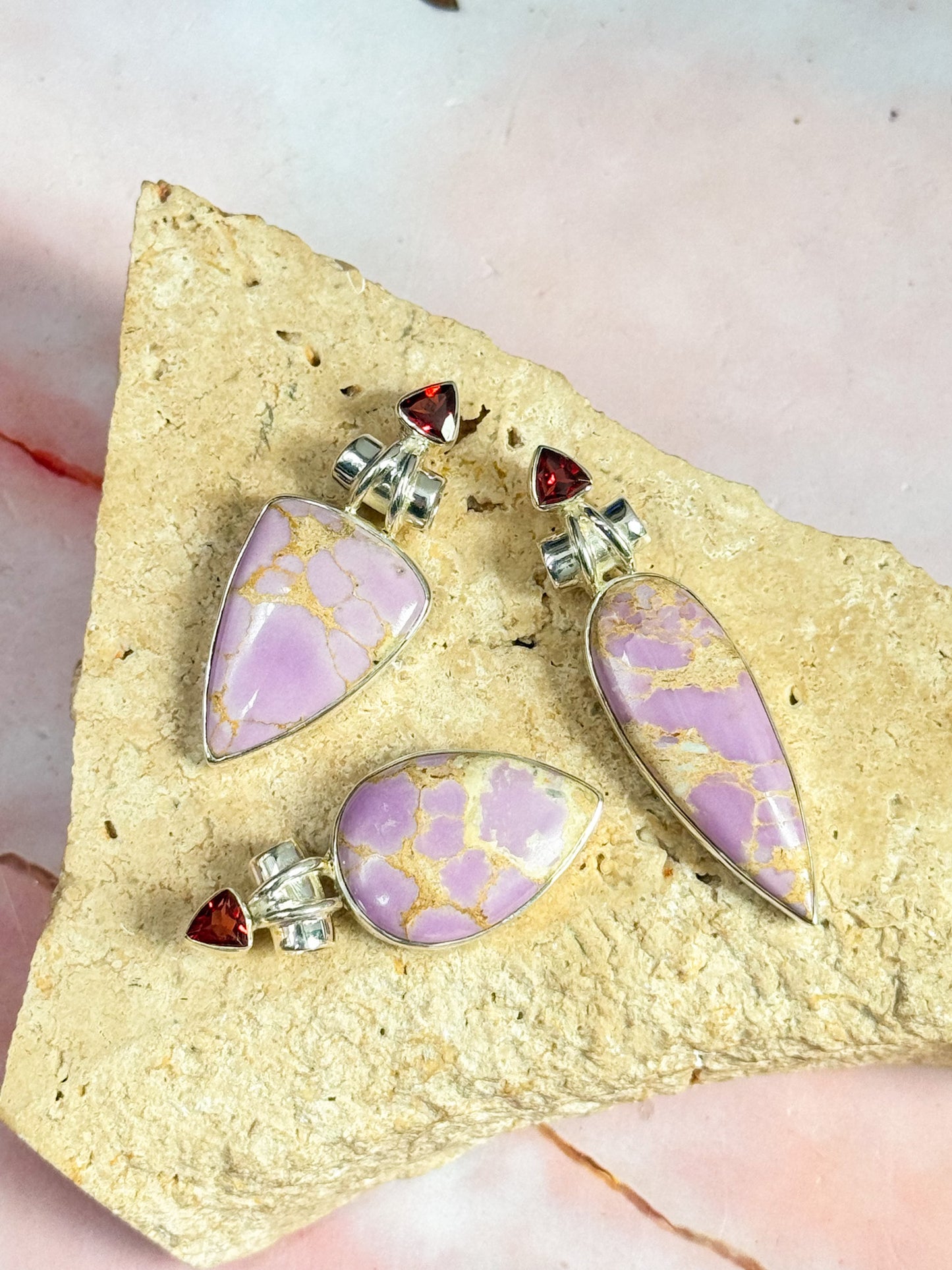 Phosphosiderite Pendants with Faceted Garnet