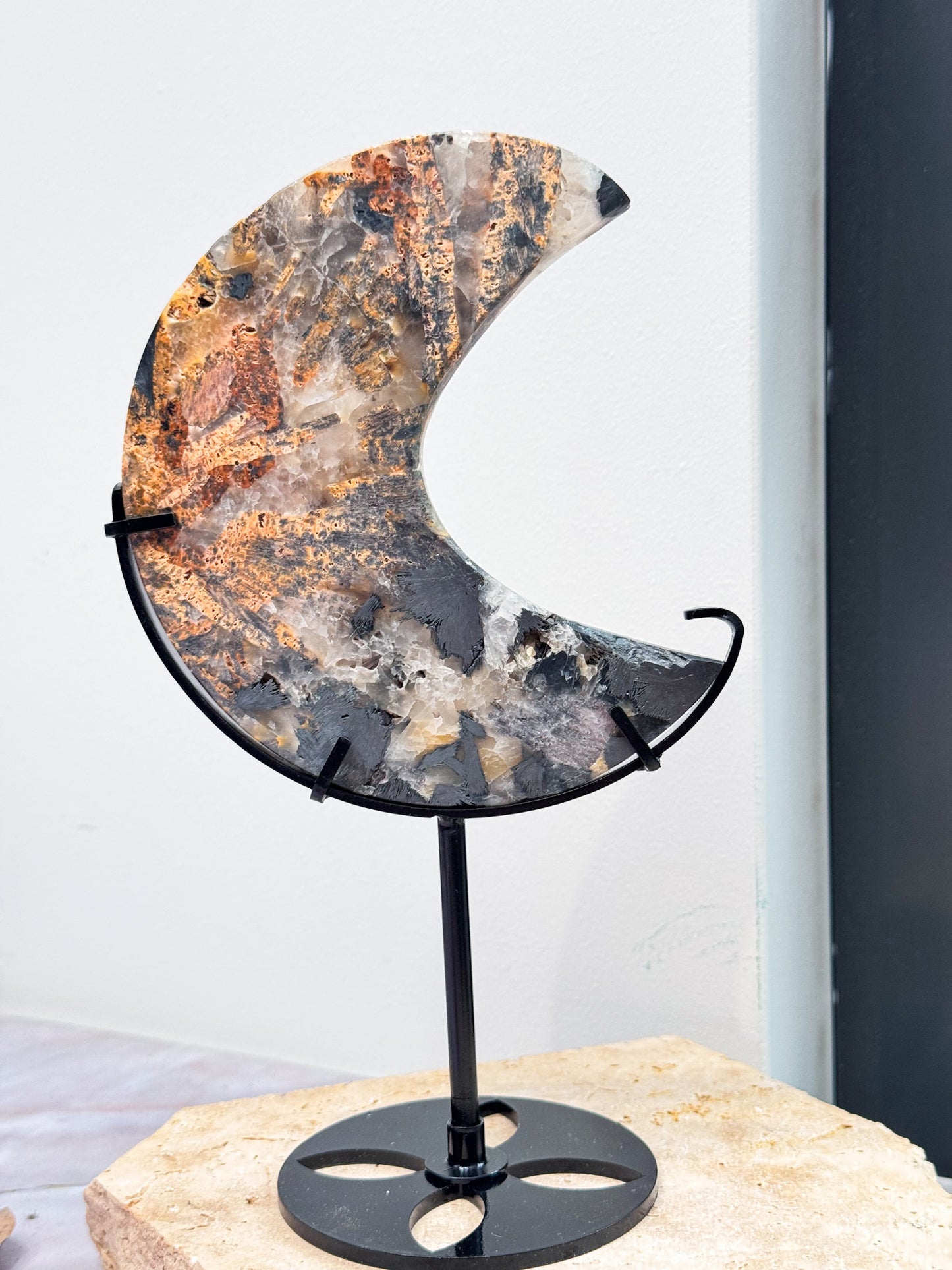 Specularite with Golden Healer and Quartz Moon on Stand