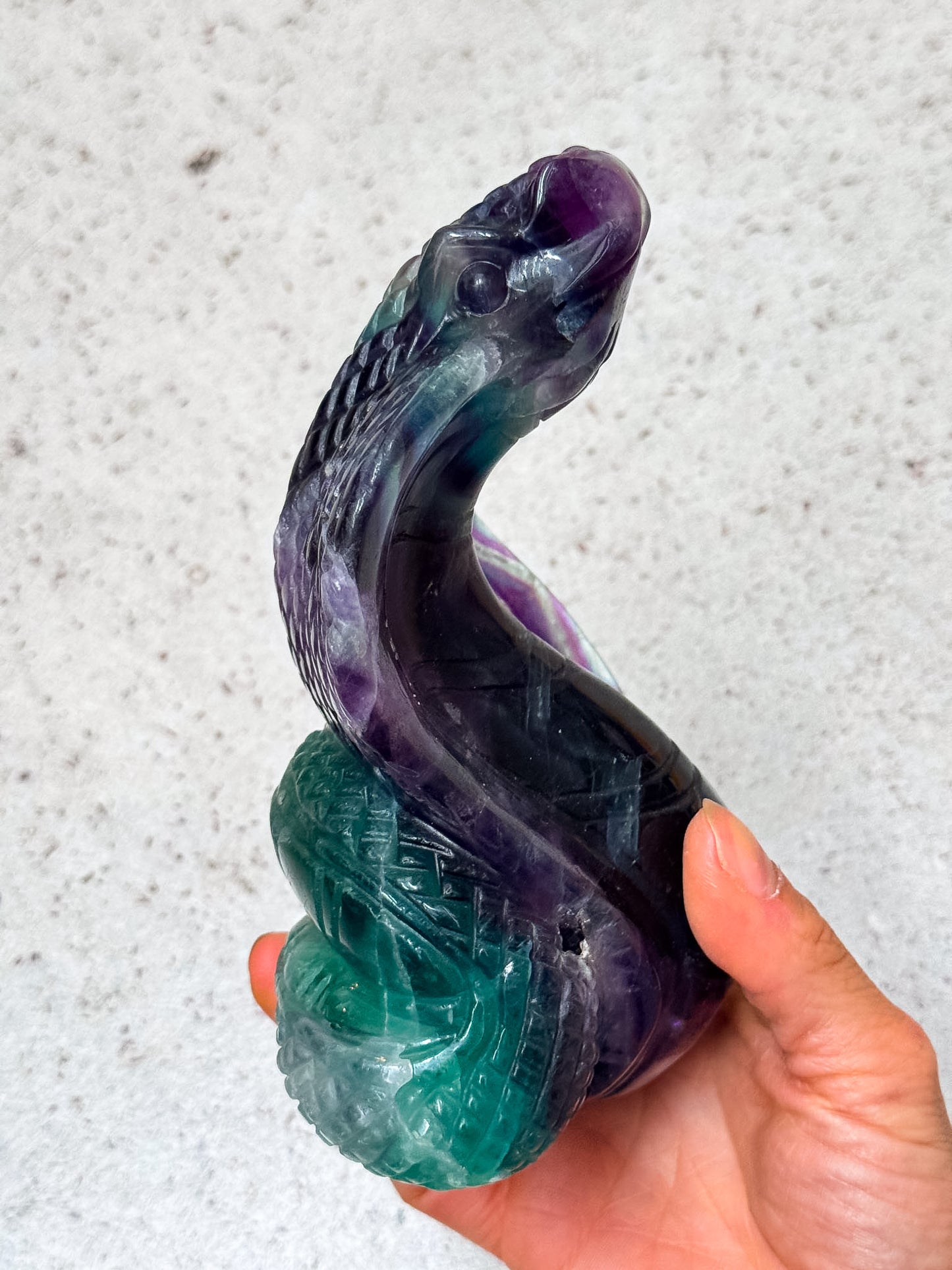 Rainbow Fluorite Cobra Snake Carving