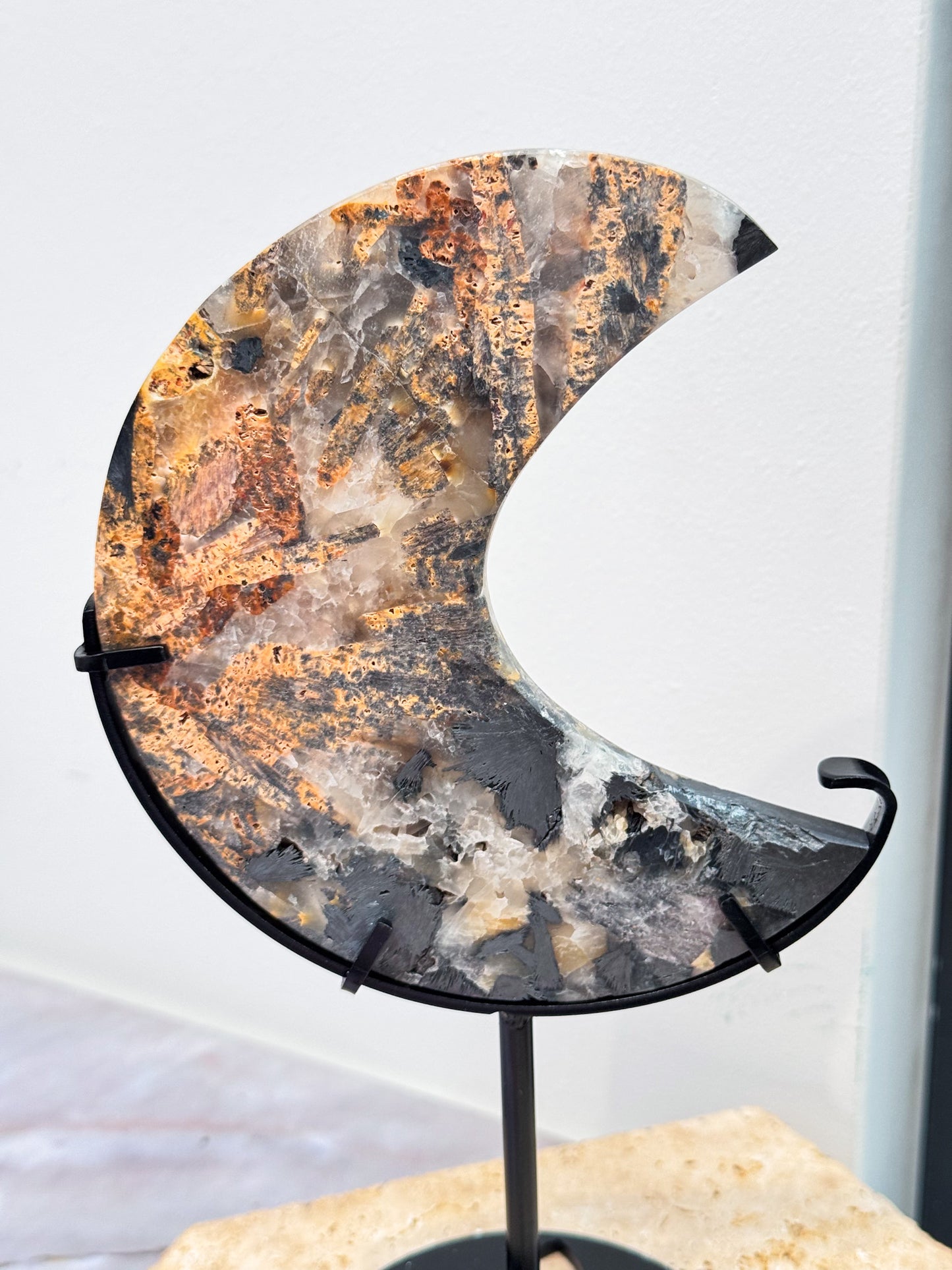 Specularite with Golden Healer and Quartz Moon on Stand