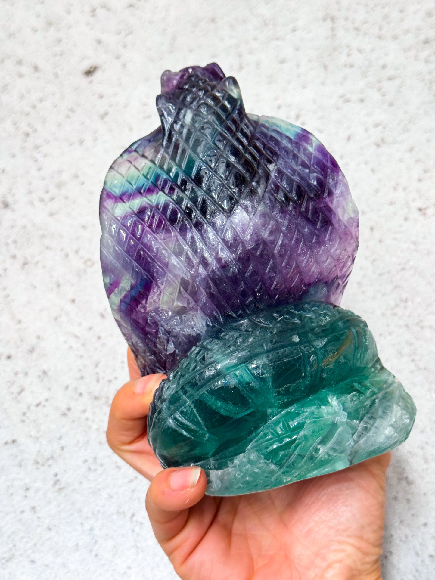 Rainbow Fluorite Cobra Snake Carving