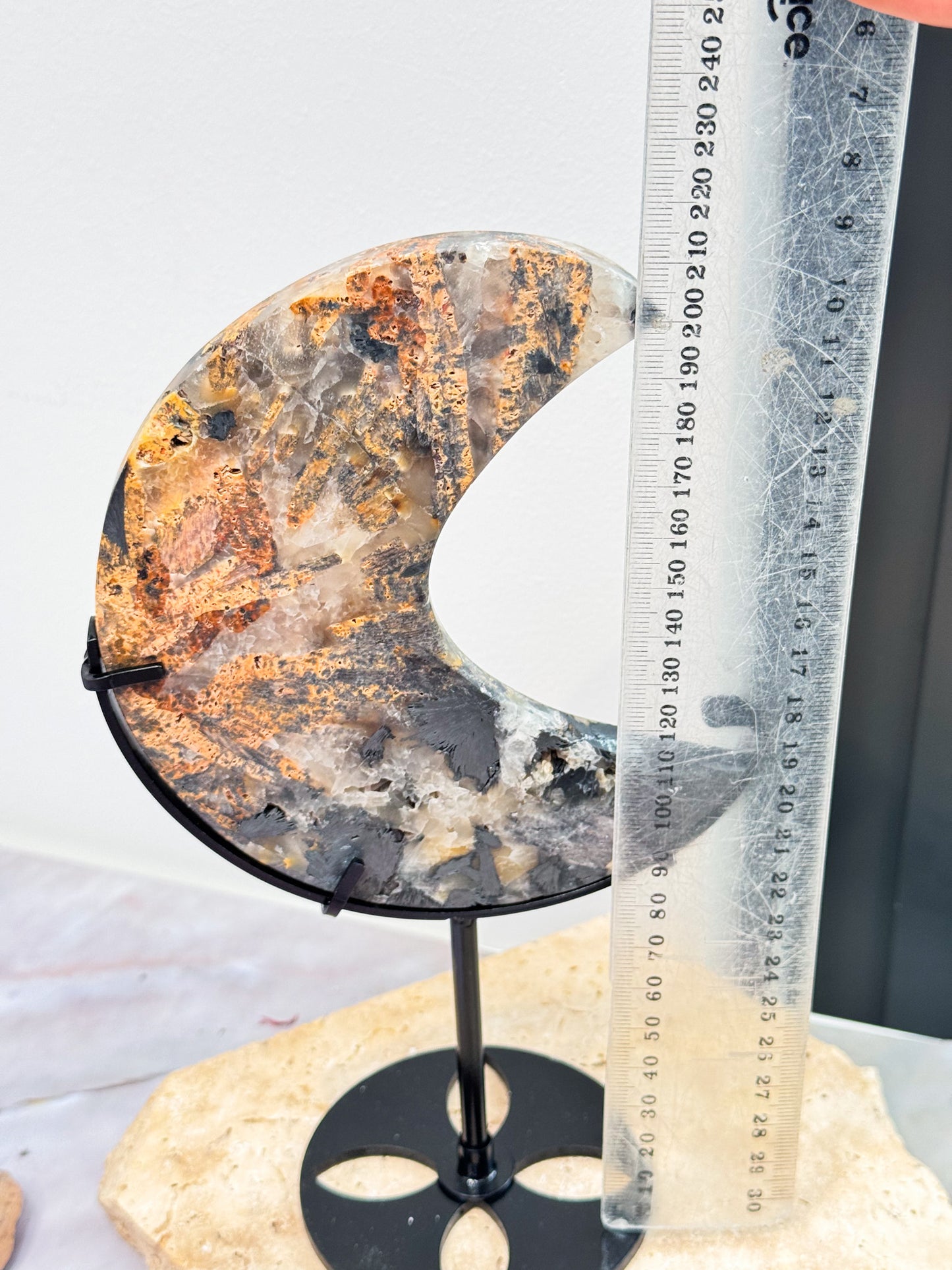 Specularite with Golden Healer and Quartz Moon on Stand