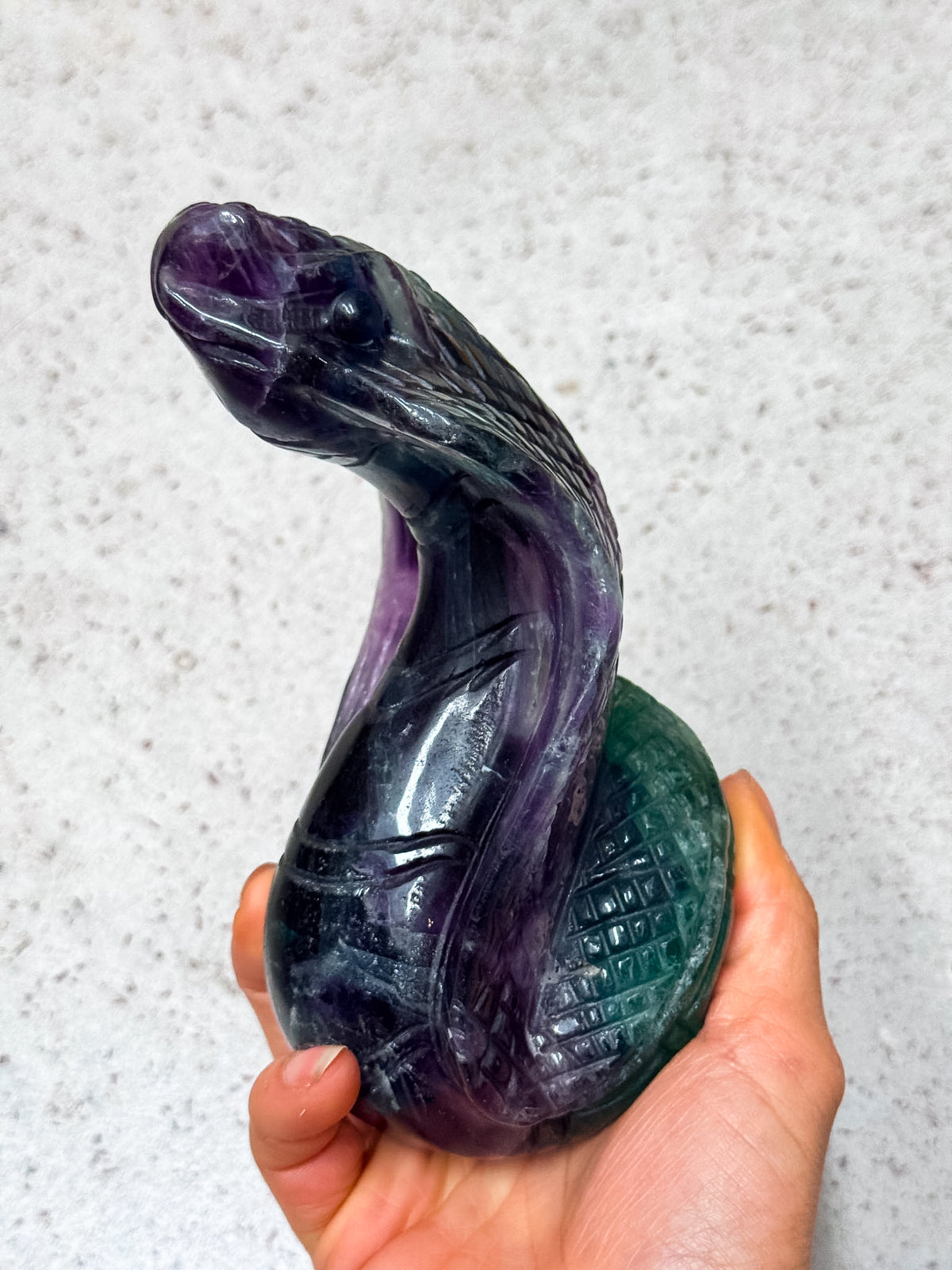 Rainbow Fluorite Cobra Snake Carving