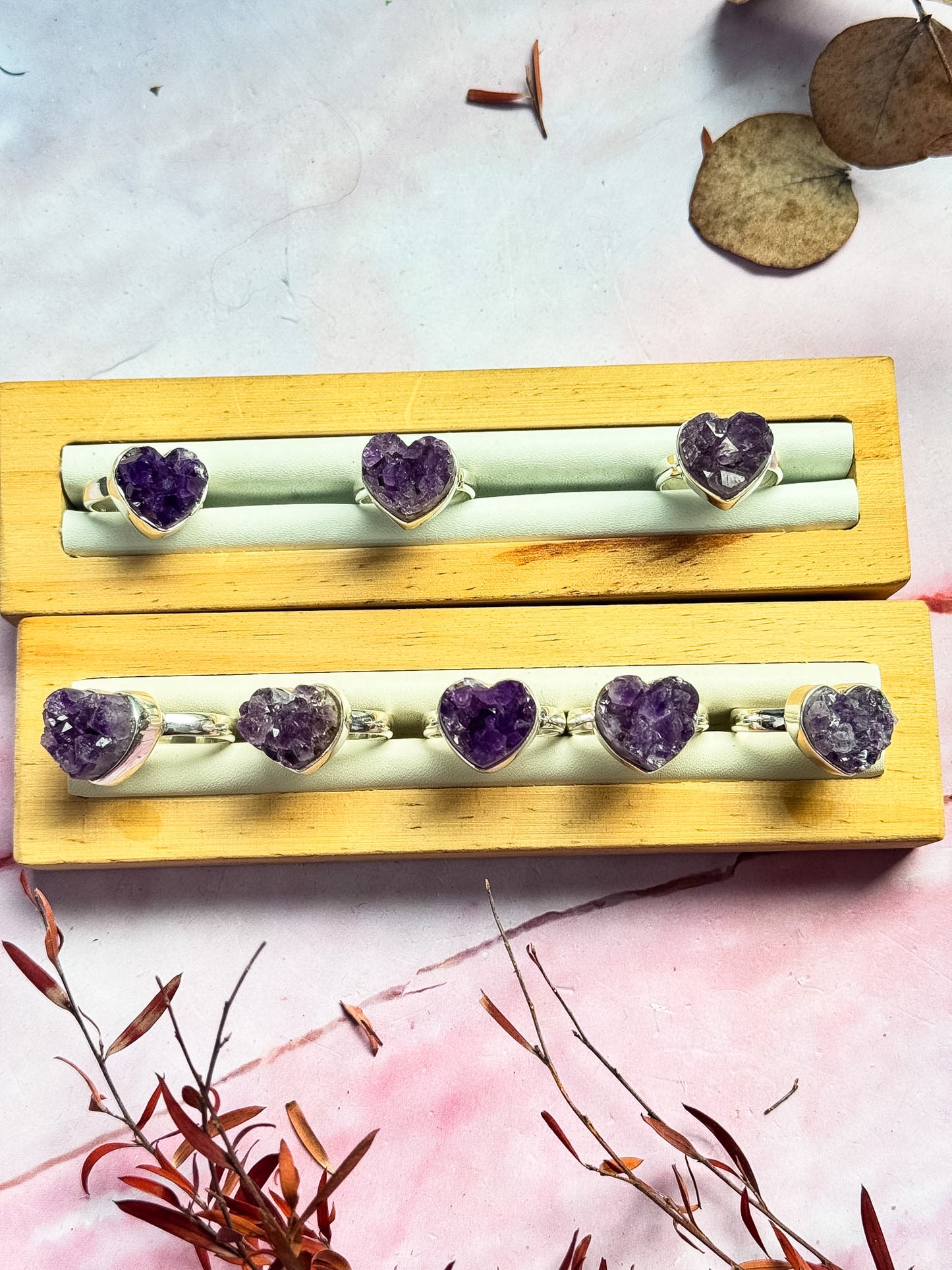 Amethyst Druzy Heart Rings