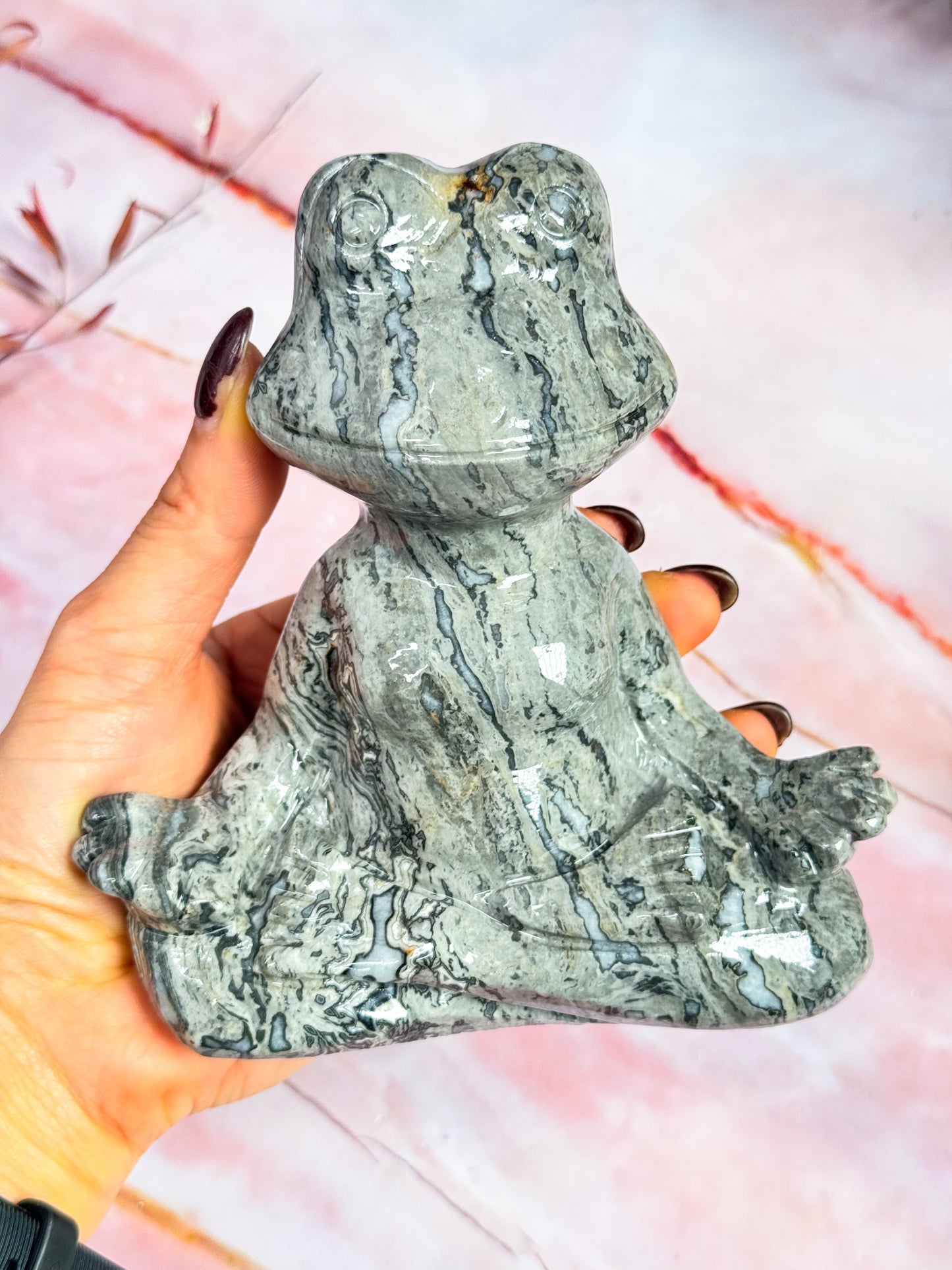 Grey Crazy Lace Agate Meditating Frog Carving