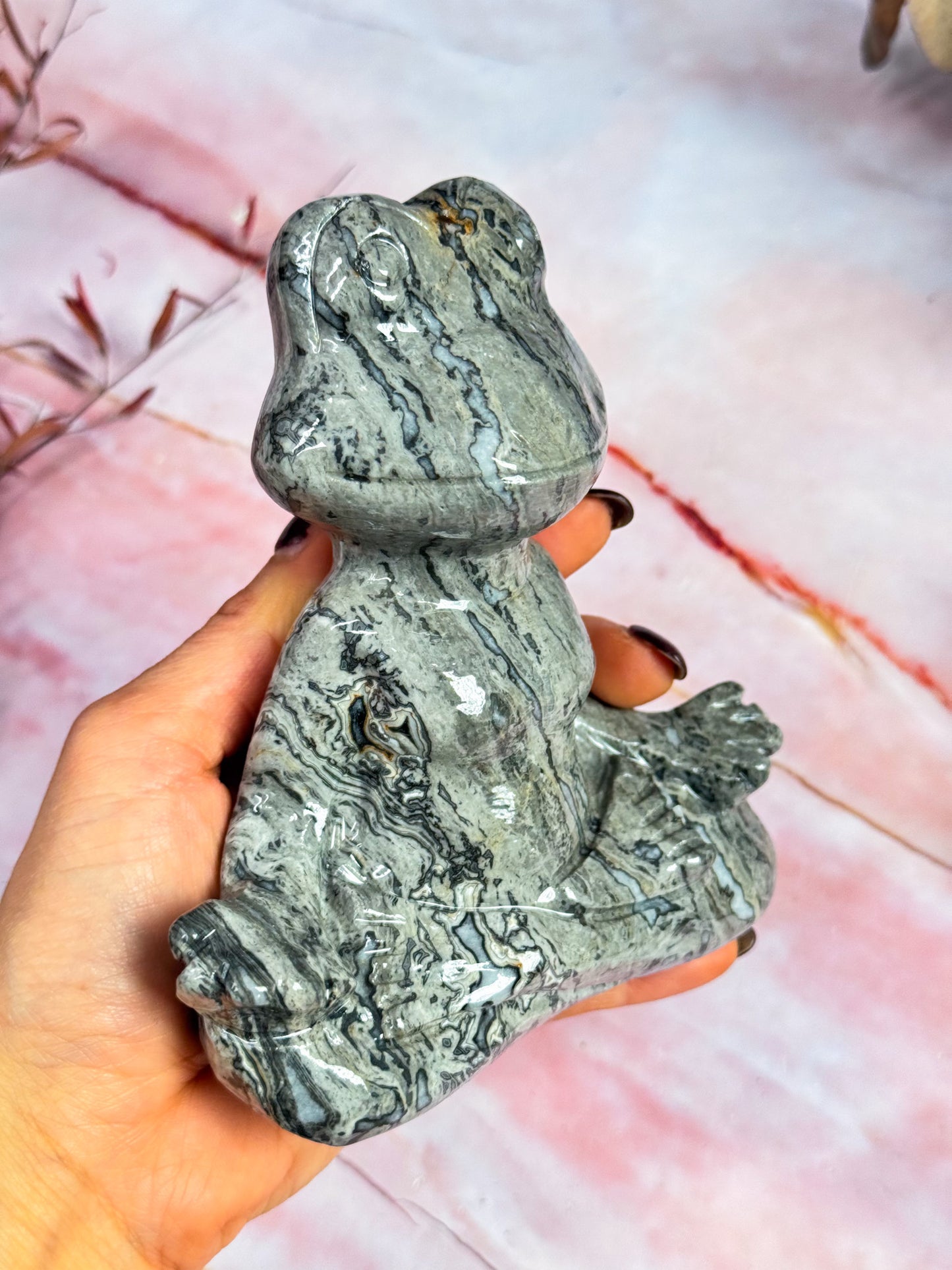 Grey Crazy Lace Agate Meditating Frog Carving
