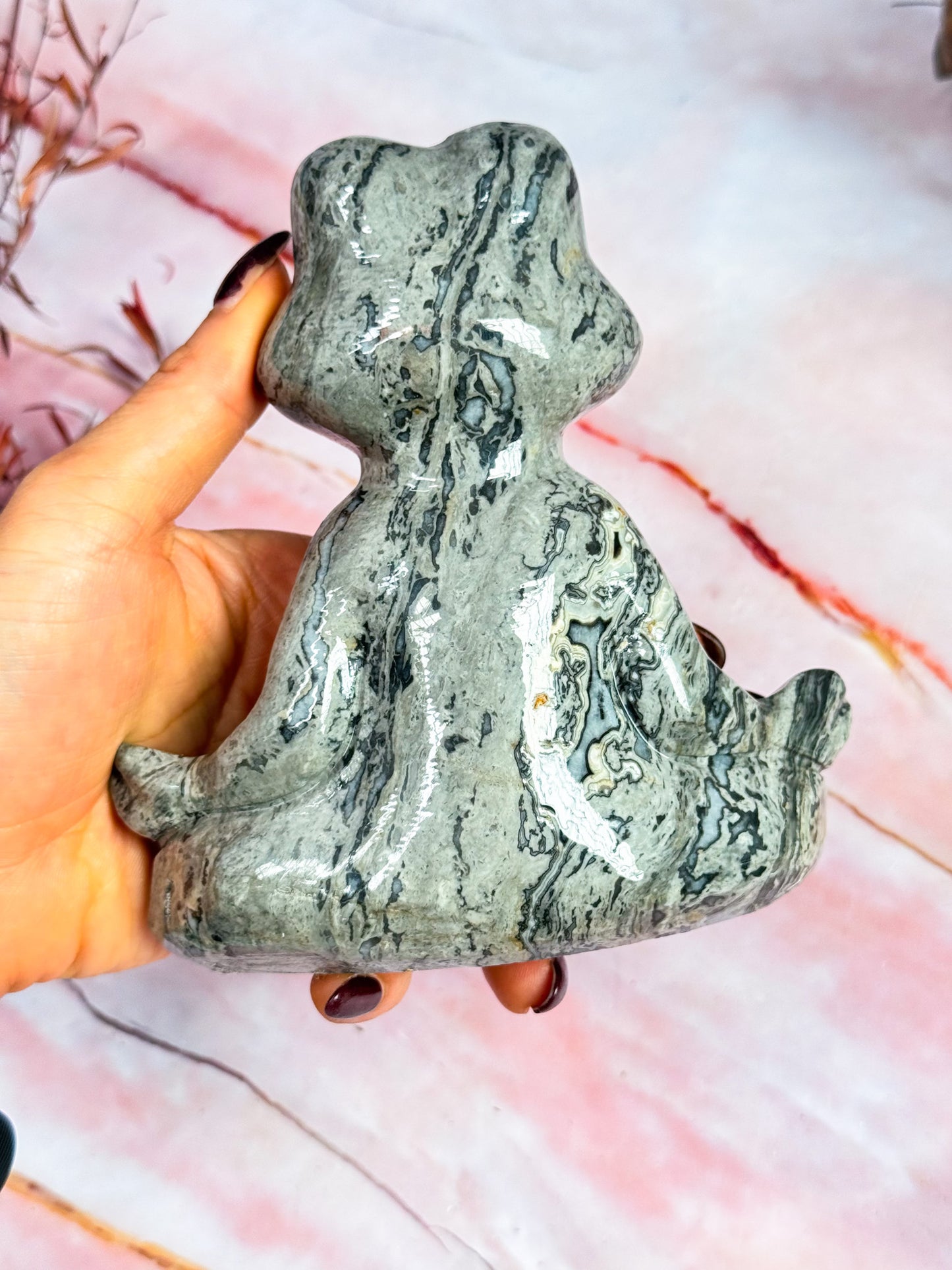 Grey Crazy Lace Agate Meditating Frog Carving
