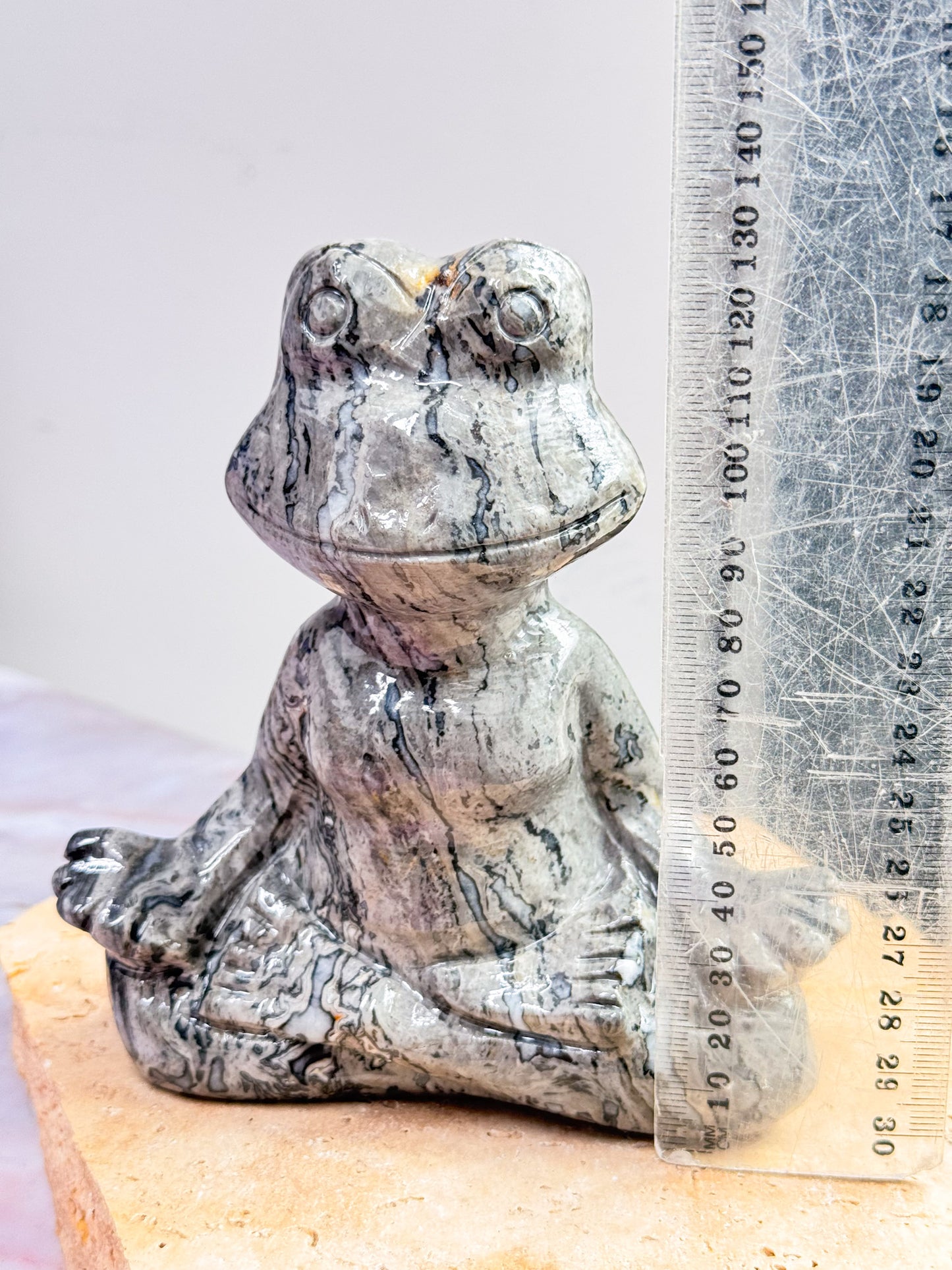 Grey Crazy Lace Agate Meditating Frog Carving