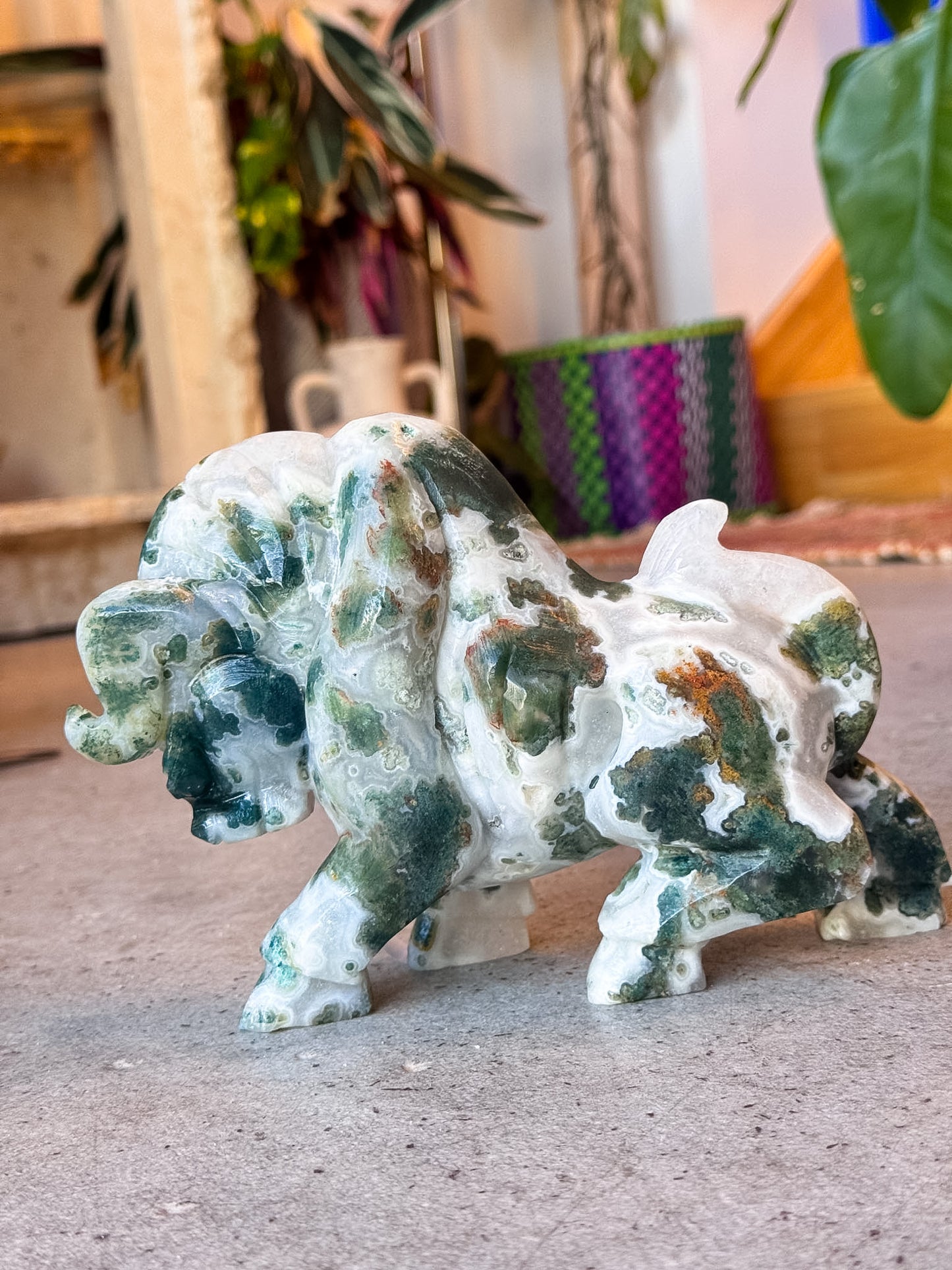 Moss Agate Bull Carving