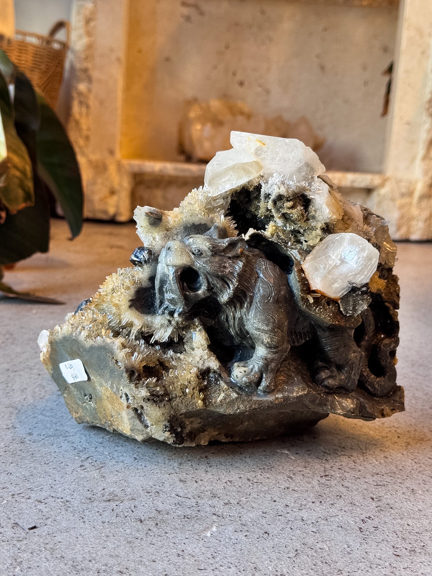 Sabertooth Tiger in Calcite and Quartz Cluster Carving