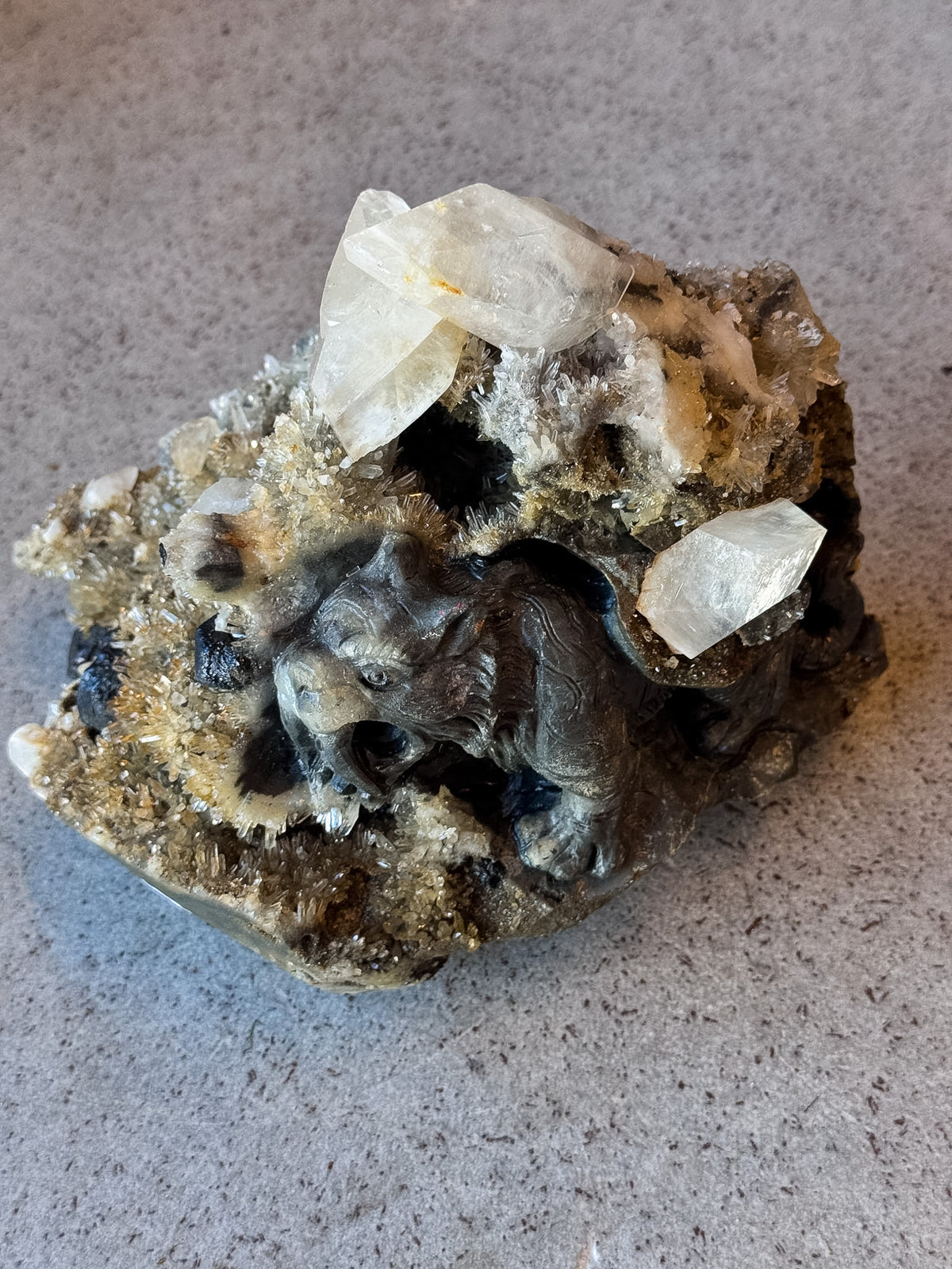 Sabertooth Tiger in Calcite and Quartz Cluster Carving