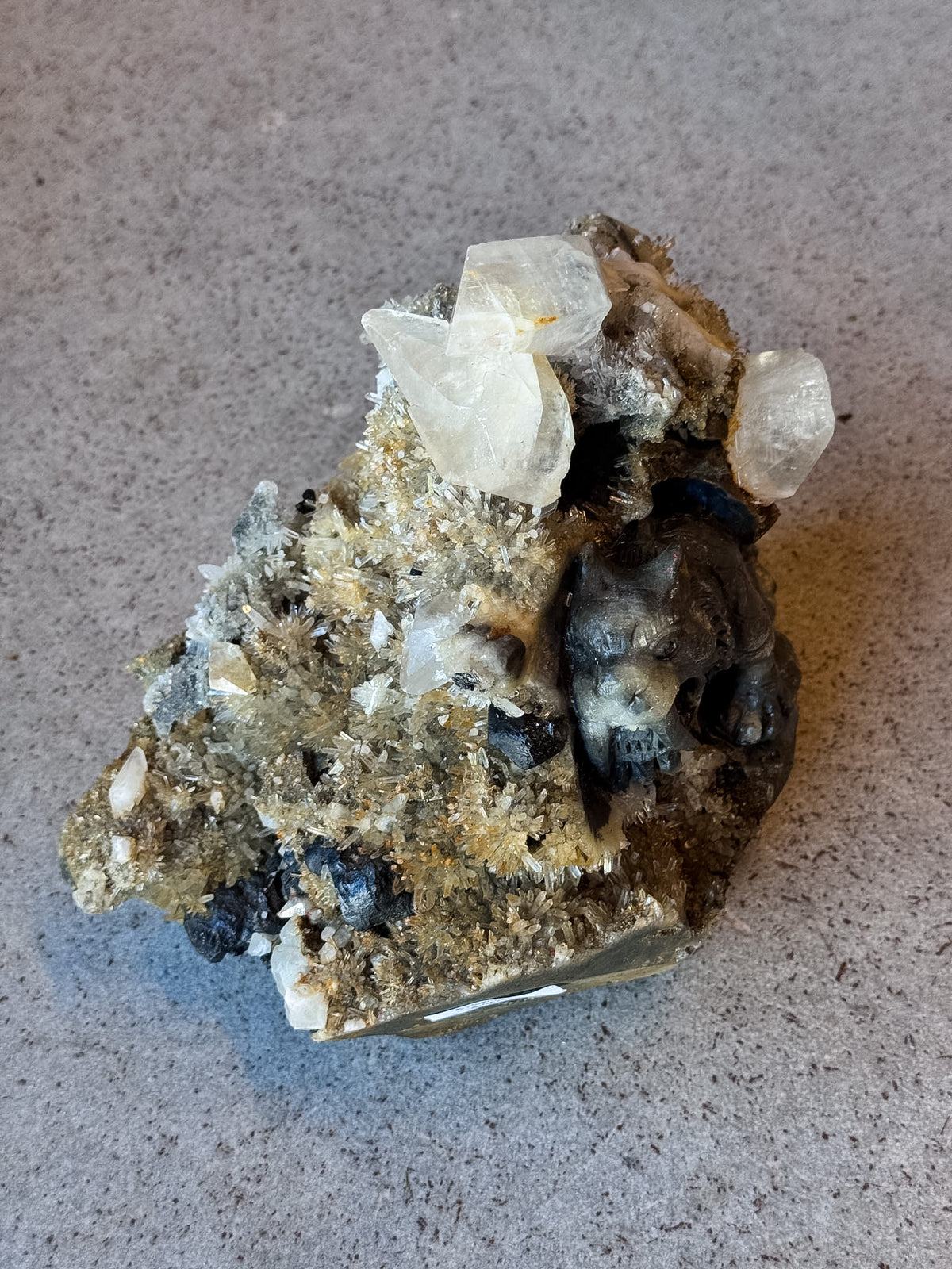 Sabertooth Tiger in Calcite and Quartz Cluster Carving