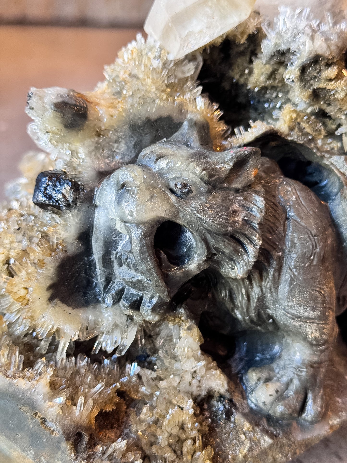 Sabertooth Tiger in Calcite and Quartz Cluster Carving