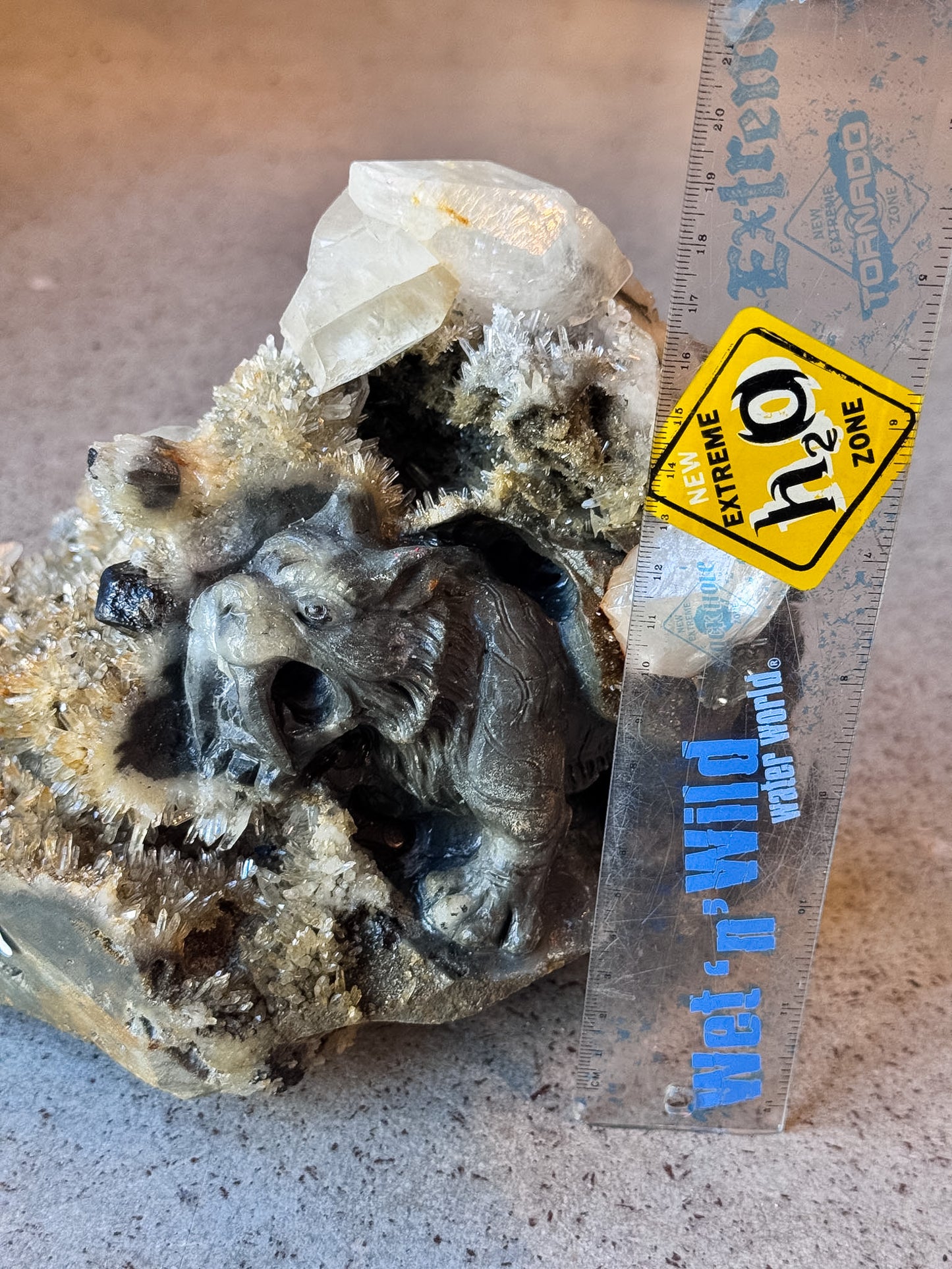 Sabertooth Tiger in Calcite and Quartz Cluster Carving