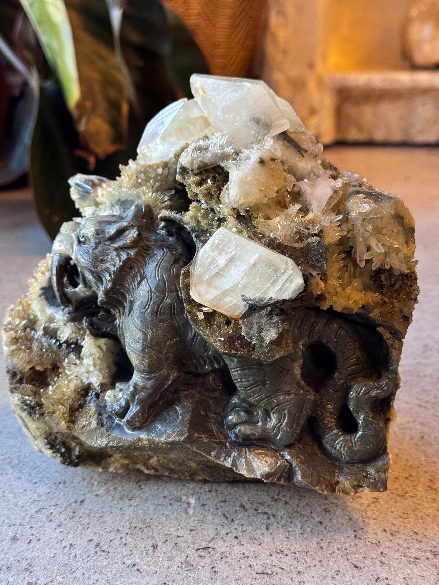 Sabertooth Tiger in Calcite and Quartz Cluster Carving