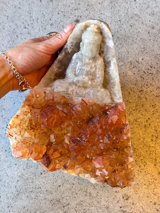 Fire Quartz Guan Yin Buddha Cluster Carving