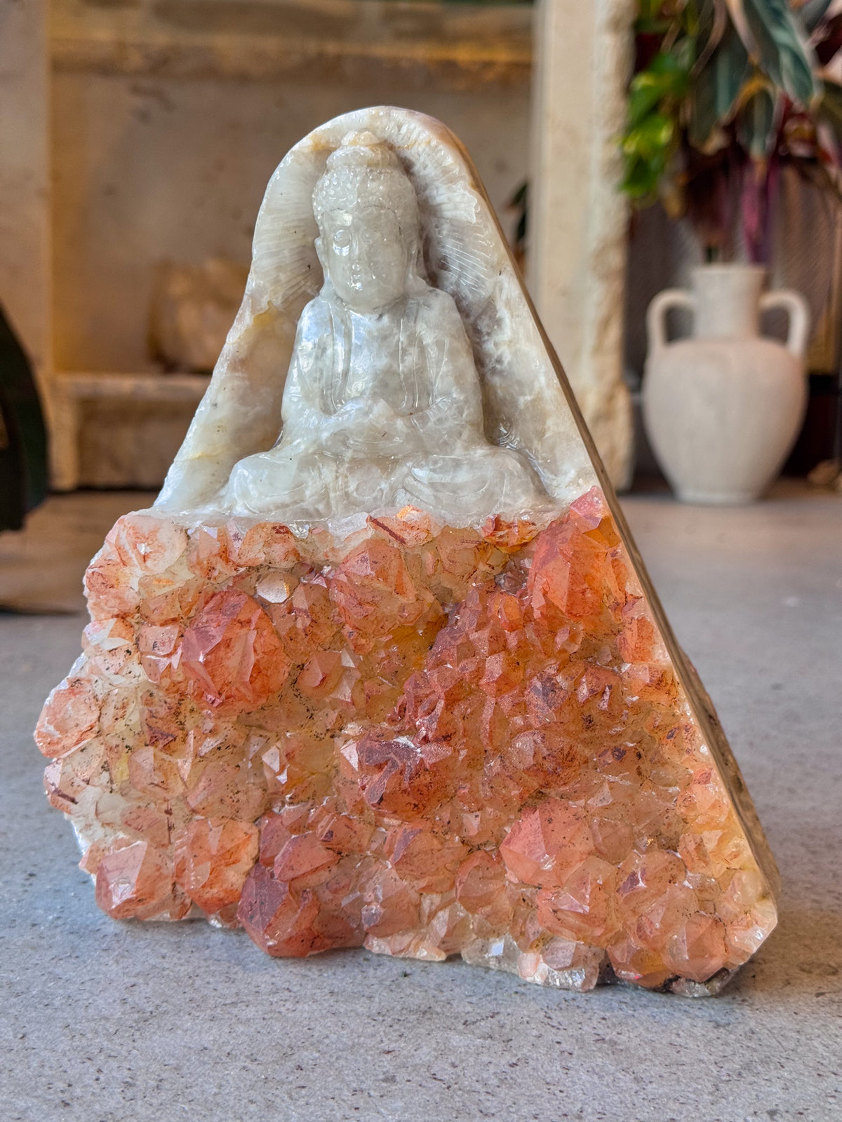 Fire Quartz Guan Yin Buddha Cluster Carving