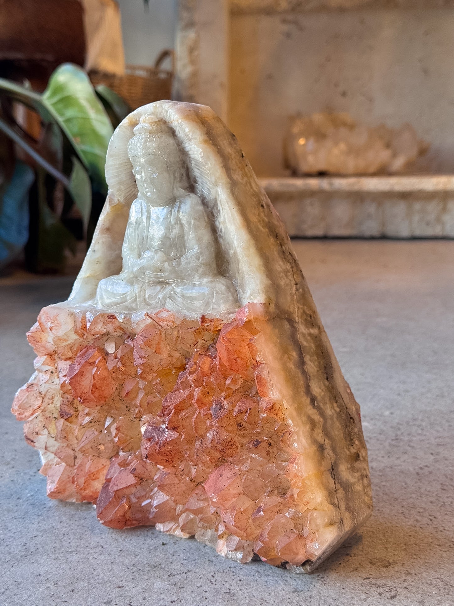 Fire Quartz Guan Yin Buddha Cluster Carving