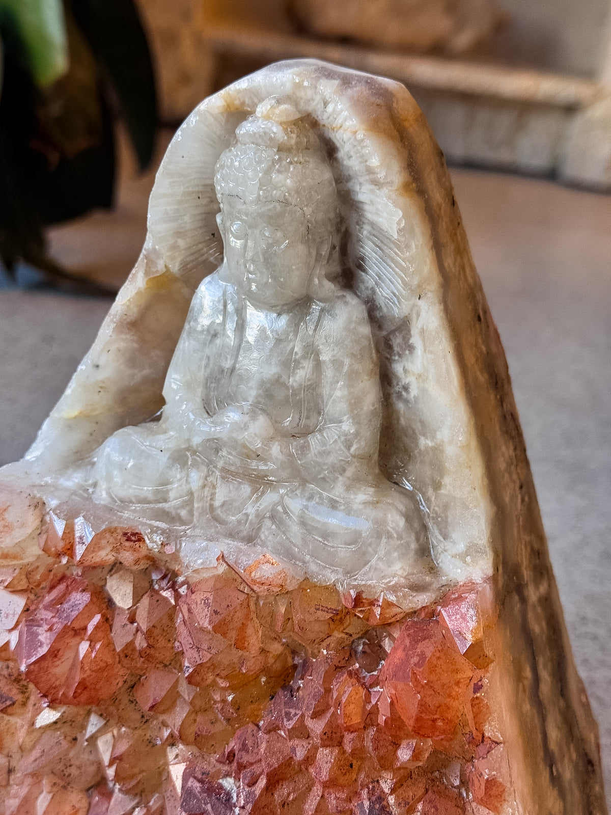 Fire Quartz Guan Yin Buddha Cluster Carving